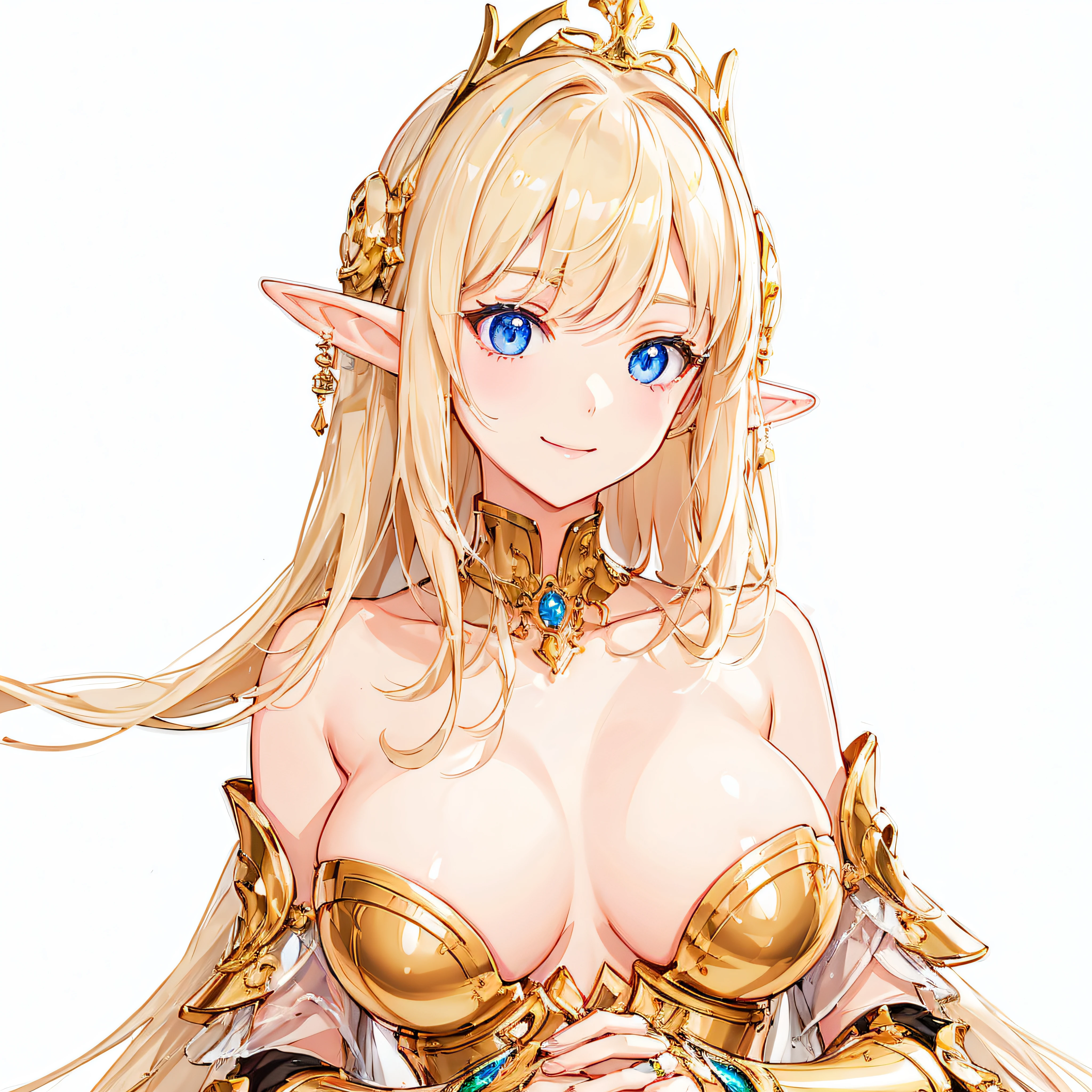 masterpiece、top-quality、ighly detailed、hight resolution、16k、fullnude、teats、Boob proportions、golden armour、Very thin skirt、Black pants、Full body like、Very white skin、Beautiful fingers、Anime girl with very big breasts posing naked、Perfect Style、elvish、no-bra、Blonde blue-eyed、A smile、An elf girl