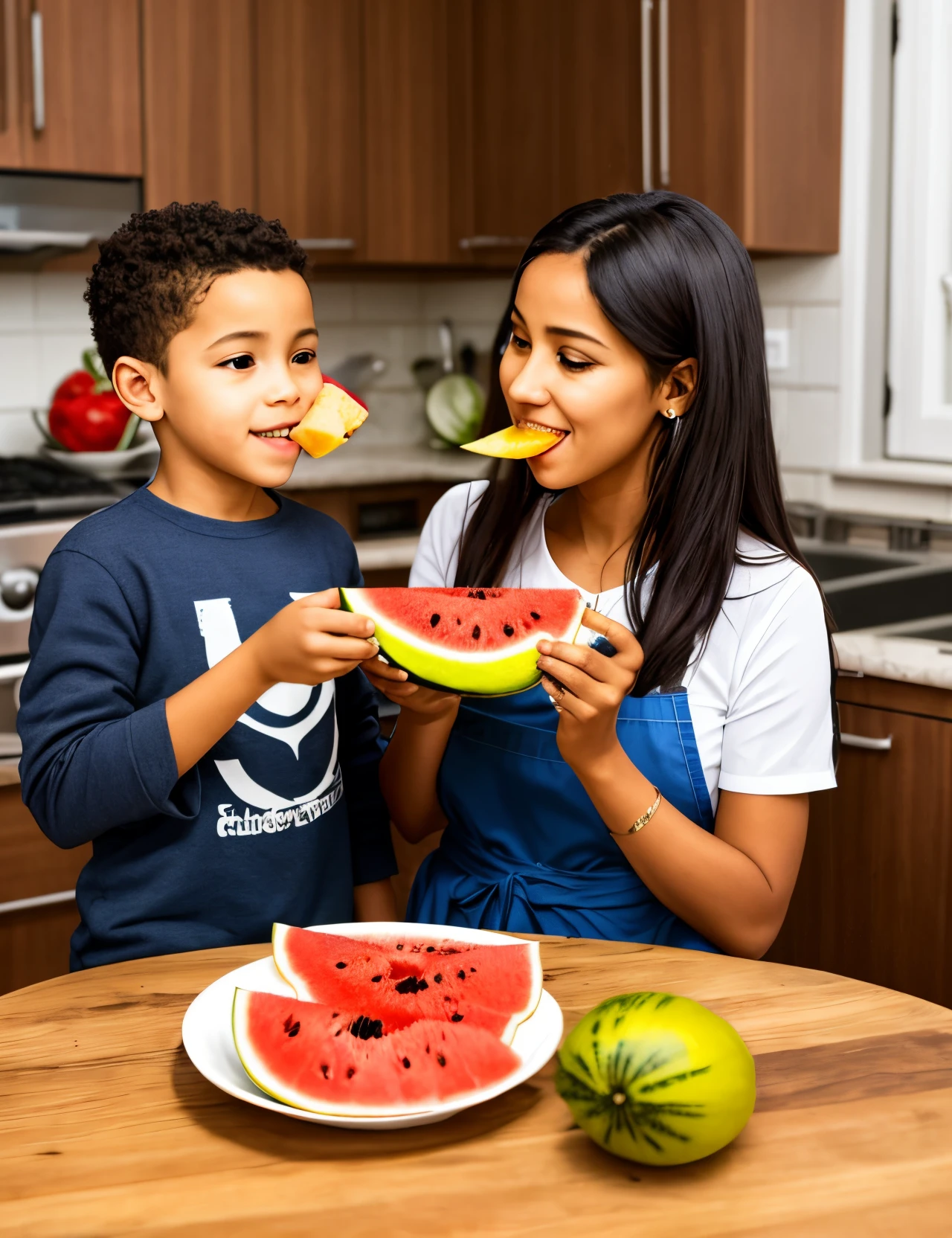 Mother and son are sitting at the kitchen table. Mom has fair skin, olhos escuros, cabelo curto ondulado. She is looking at her son without believing that he is eating healthy food. The child has brown skin, olho escuro, magra, He is dressed as a superhero and is very happy eating watermelon, kiwi e laranja. On the table there are other foods such as bread, leite, cenoura beterraba, alface, tomate. The kitchen is well lit and has colorful furniture.