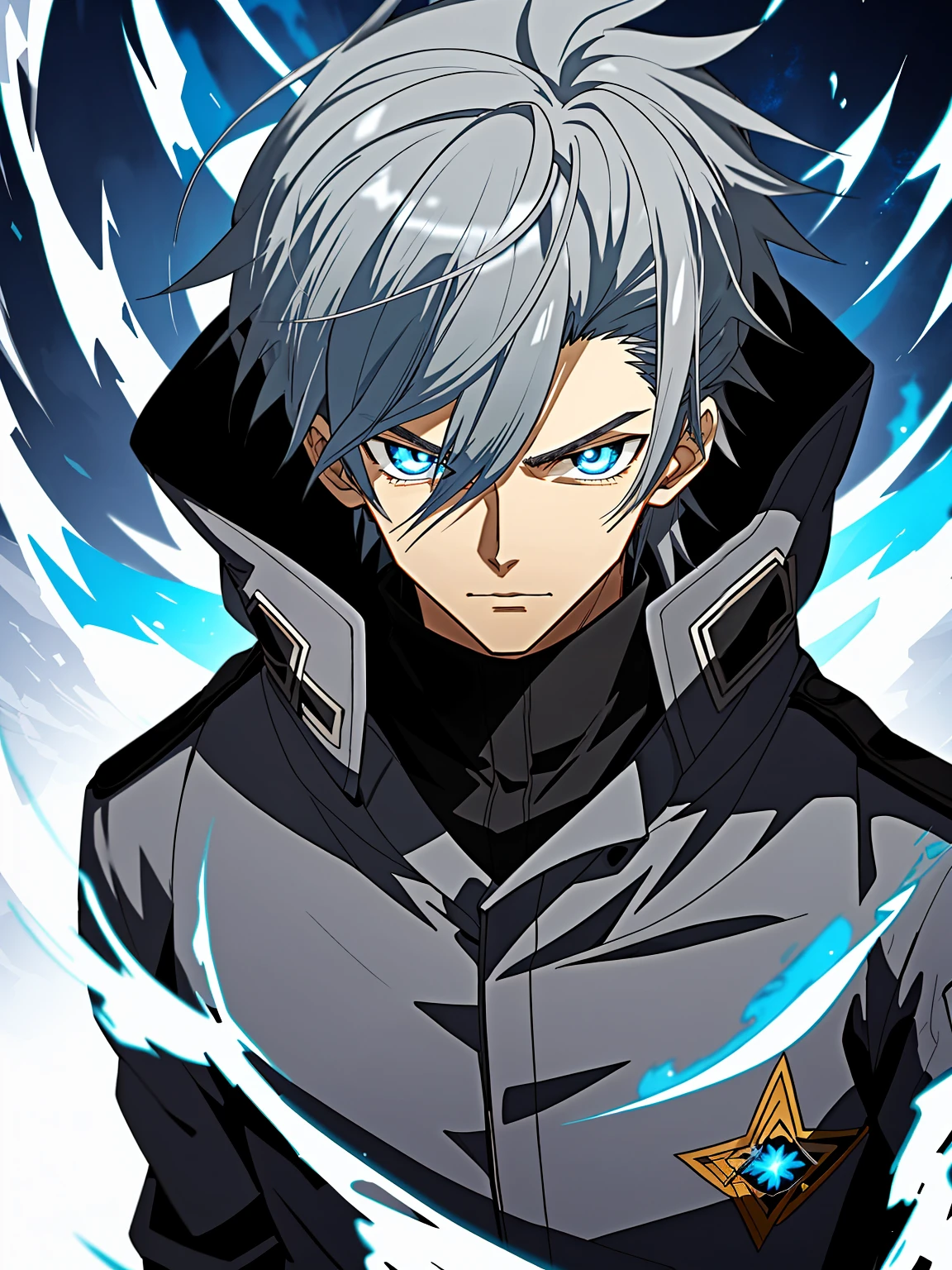 Silver-gray hair、blue color eyes、Wearing black jacket and blue flames, Key anime art, male anime characters