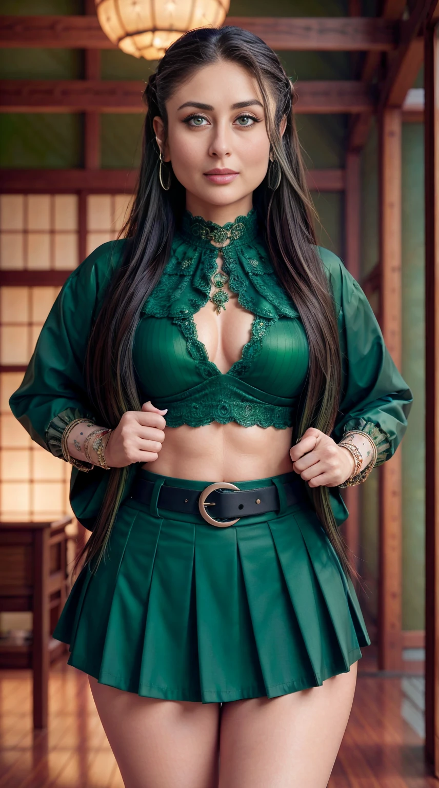 (Kareena kapoor as mitsurikanroji), hourglass sexy figure, thick sexy thighs, mitsuri kanroji, braid, gradient hair, (green eyes:1.5), green hair, long hair, mole,  mole under eye, multicolored hair, pink hair, twin braids, two-tone hair,
BREAK belt, black skirt, cleavage, coat, demon slayer uniform, haori, japanese clothes, long sleeves, miniskirt,  partially unbuttoned, pleated skirt, skirt, uniform,
BREAK looking at viewer,
BREAK indoors,
BREAK (masterpiece:1.2), best quality, high resolution, unity 8k wallpaper, (illustration:0.8), (beautiful detailed eyes:1.6), extremely detailed face, perfect lighting, extremely detailed CG, (perfect hands, perfect anatomy),