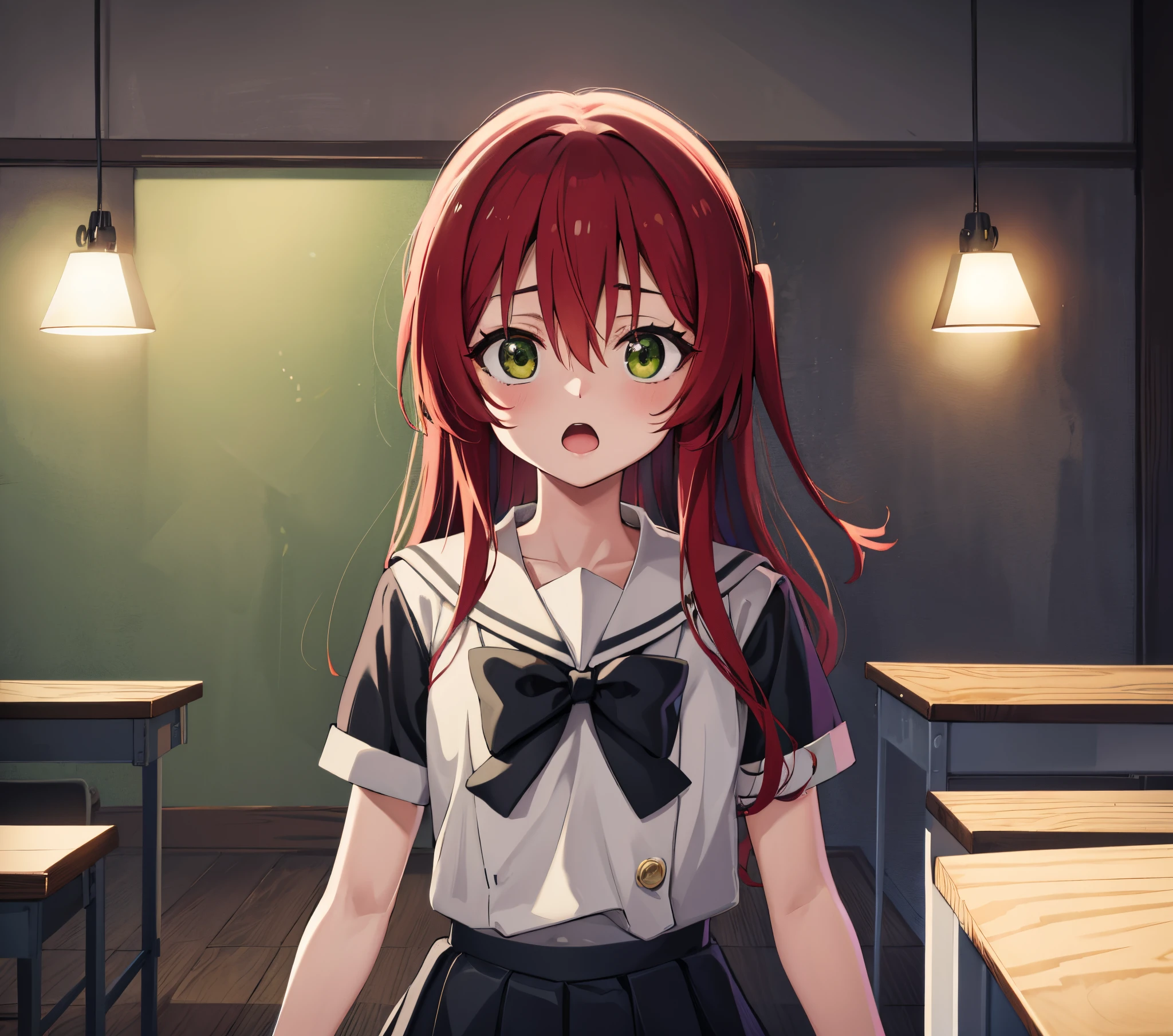 kitaikuyo, ikuyo kita, (green eyes:1.5), hair between eyes, long hair, one side up, red hair, (flat chest:1.2),
BREAK black footwear, black skirt, grey sailor collar, pleated skirt, sailor collar, school uniform, shoes, short sleeves, shuka high school uniform, skirt,,
BREAK looking at viewer,
BREAK indoors, classroom,
BREAK (masterpiece:1.2), best quality, high resolution, unity 8k wallpaper, (illustration:0.8), (beautiful detailed eyes:1.6), extremely detailed face, perfect lighting, extremely detailed CG, (perfect hands, perfect anatomy),up chest.big breasts.Sad face.open mouth.