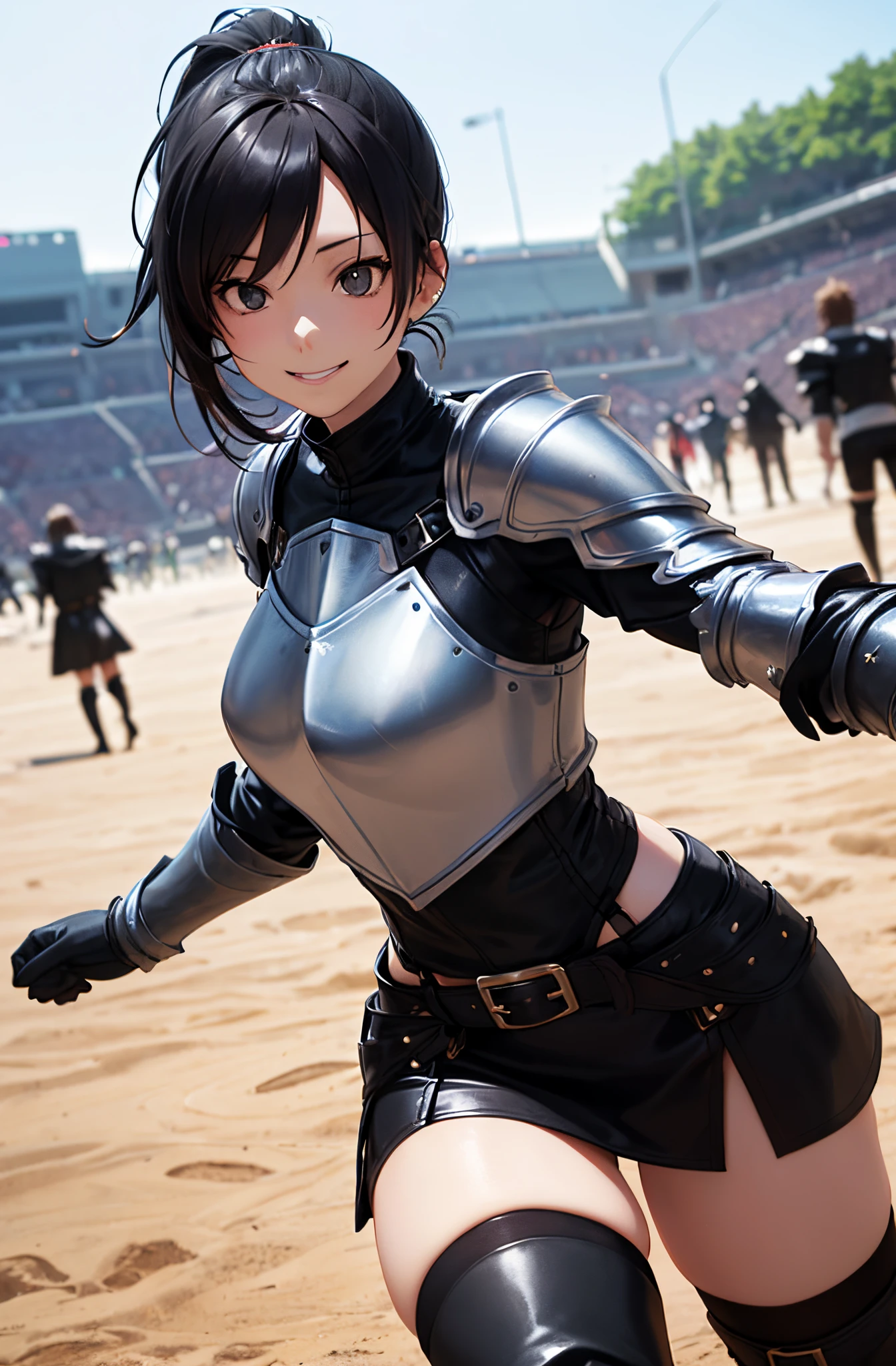 (masutepiece:1.5)、(top-quality:1.5)、(16k wallpaper:1.2)、(Photorealsitic:1.2)、(ultra-detailliert:1.2)、(超A high resolution:1.2)、(natural soft light:1.2)、(super-detaild skin:1.2)、Detailed and clean eyes、Tsuriformes、Beautiful eyeshadow、Superheroine in a revealing costume、(long black high ponytail:1.2)、Natural Color Lip、large full breasts、(black leather armor, stockings and knee high boots:1.3)、Sexy costume、Cute smile、(Underground Arena)、fighting poses、Lots of spectators