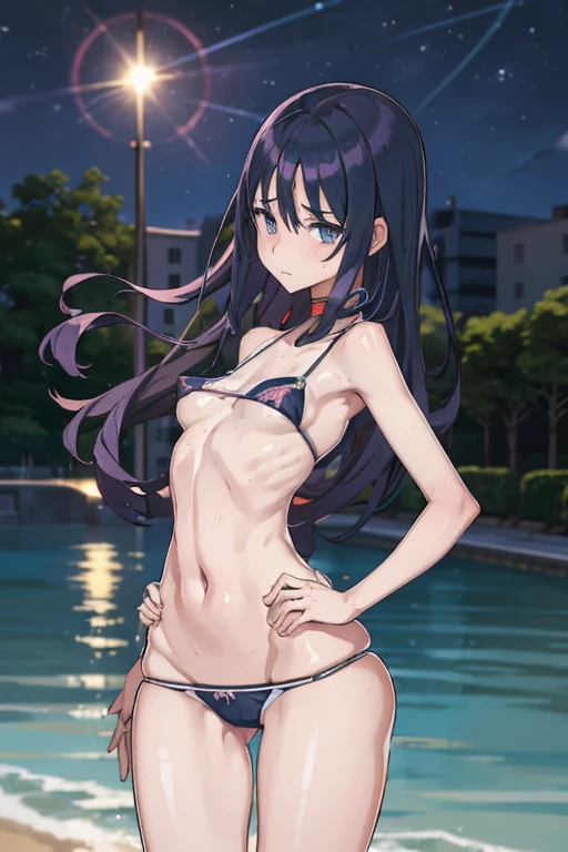 masutepiece,Best Quality,Ultra-detailed,High resolution,Unity 8k壁纸,super detailed skin,Cinematic lighting,Beautiful detailed eyes,Ideal ratio body proportions,(Small breasts:1.4), bikini of, underboob, Small bikini,((slim)), Thin, an hourglass figure, Toned, Dim lightning, Flat belly,  (wide hips), (bear a child on the hip), maikurobikini, thick thighs