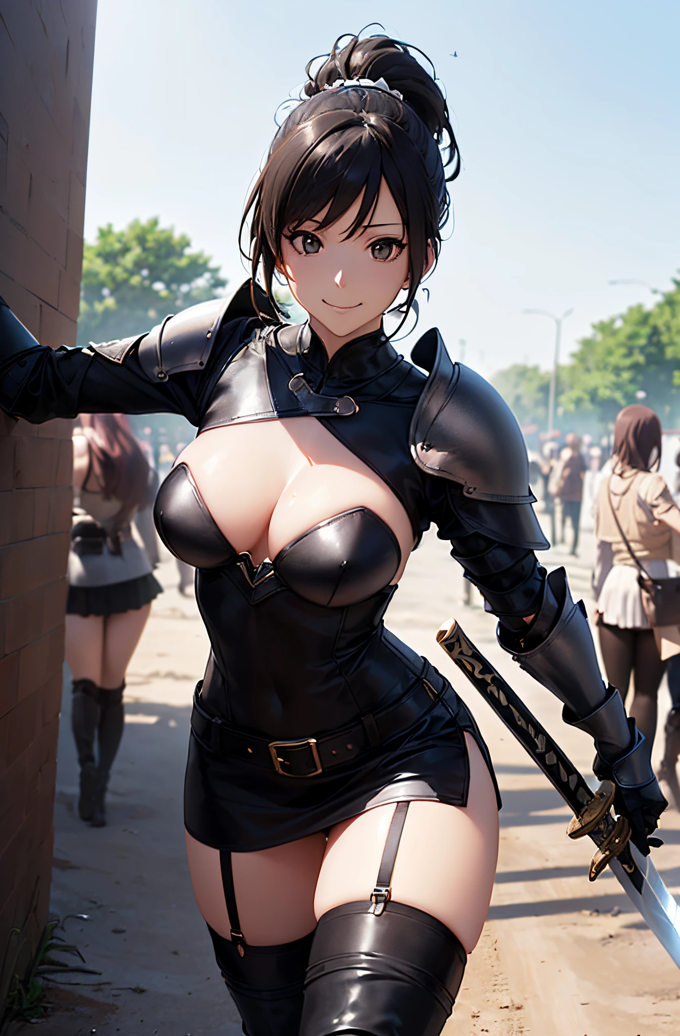 (masutepiece:1.5)、(top-quality:1.5)、(16k wallpaper:1.2)、(Photorealsitic:1.2)、(ultra-detailliert:1.2)、(超A high resolution:1.2)、(natural soft light:1.2)、(super-detaild skin:1.2)、Detailed and clean eyes、Tsuriformes、Beautiful eyeshadow、Superheroine in revealing costume、(long black high ponytail:1.2)、Natural Color Lip、large full breasts、(black leather armor、Stockings、a miniskirt、knee high boots and sword:1.3)、Sexy costume、Cute smile、(Underground Arena)、fighting poses、Lots of spectators