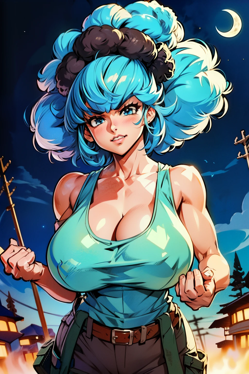 Waifu, masterpiece, curvy, , moon, full moon, gloves, 1girl, clenched teeth, bulma, cleavag breasts, teeth,air, ((white tank top:1.2)), blue eyes, rating:explicit,rule34, hardcore, tits,clenche night, sk(brown cargo pants:1.4)), bare shoulders, blue hair, clenched hand, rating:questionable, (((blue colored afro:1.5))), belt, solo, angry, lip biting(gigantic and massive tits:1.1), breasts, official illusion, illust detailed face, beautiful intricate eyes, curvy milf, 1:2), closeup, titsnipples