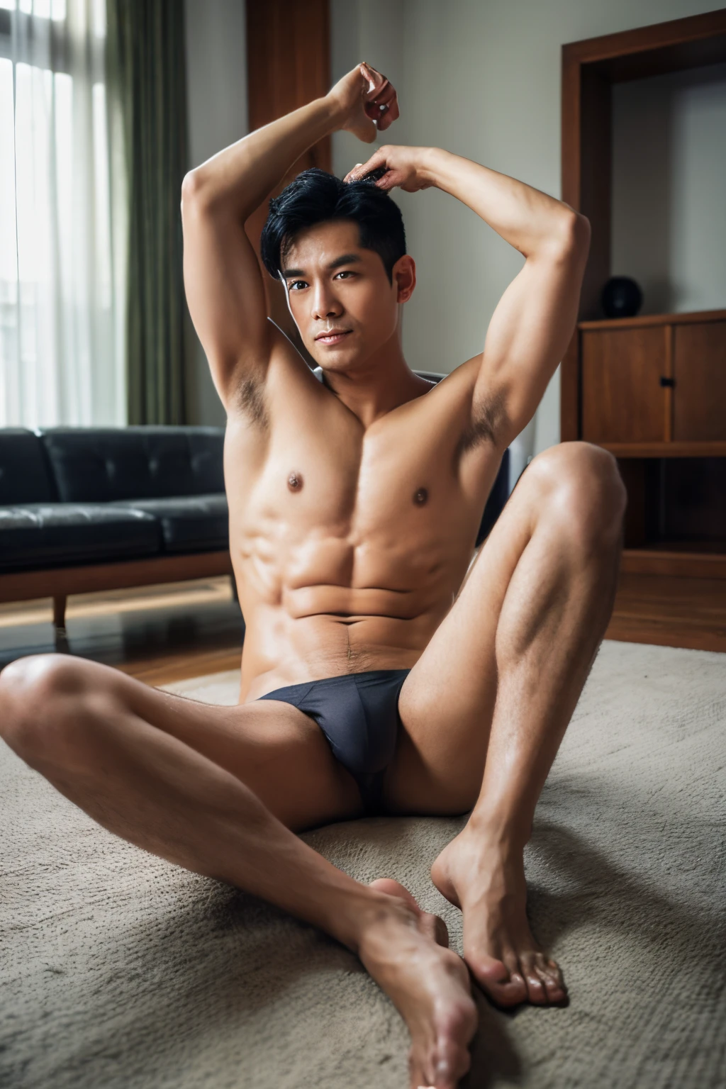 daddy,48 years old,butler,Thai mixed with Chinese,Big shape,Pigmentation,Dark black hair,Sam&#39;s gray hair,Not much muscle,Muscular figure, Wear very thin underwear, see through nude color, No shirt., The crotch is tight., Sit with your legs wide open., Raise both arms above your head., Dark armpit hair and has hair on the stomach, On the floor in the living room,Thailand