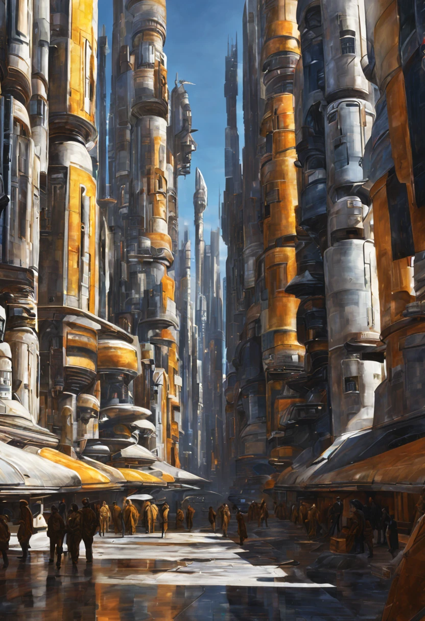 oil painting,The city of Coruscant from Star Wars, designed by Doug Chang, Futuristic fantasy city with huge technological design buildings (which form an endless path), Unwashed construction sealants, with silver glazed patterns, Impressive gold and bronze, (with bright colors). Flooring ENSOLADO (Dim). Walking people. Clear image with many buildings together. Clear, Clear 8K Pictures. Buildings stretch high in the background.,8K. Cinematic image. yellow-orange solar atmosphere. (Complex machine parts).