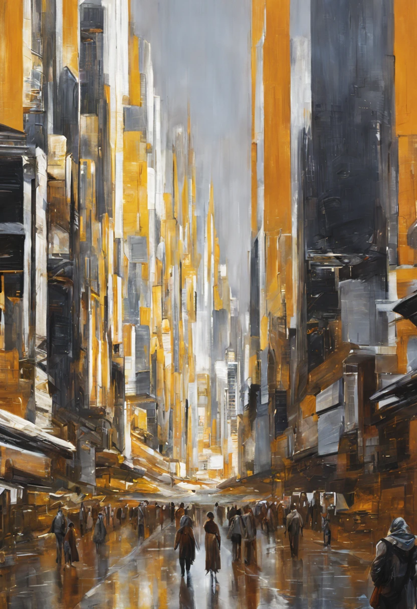 oil painting,The city of Coruscant from Star Wars, designed by Doug Chang, Futuristic fantasy city with huge technological design buildings (which form an endless path), Unwashed construction sealants, with silver glazed patterns, Impressive gold and bronze, (with bright colors). Flooring ENSOLADO (Dim). Walking people. Clear image with many buildings together. Clear, Clear 8K Pictures. Buildings stretch high in the background.,8K. Cinematic image. yellow-orange solar atmosphere. (Complex machine parts).