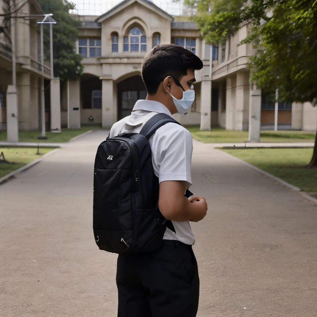 Make a Image of a teen boy who is wearing college unform with black tie and A bag on his back and standing outside the government college make it sure that boy's face will not visible