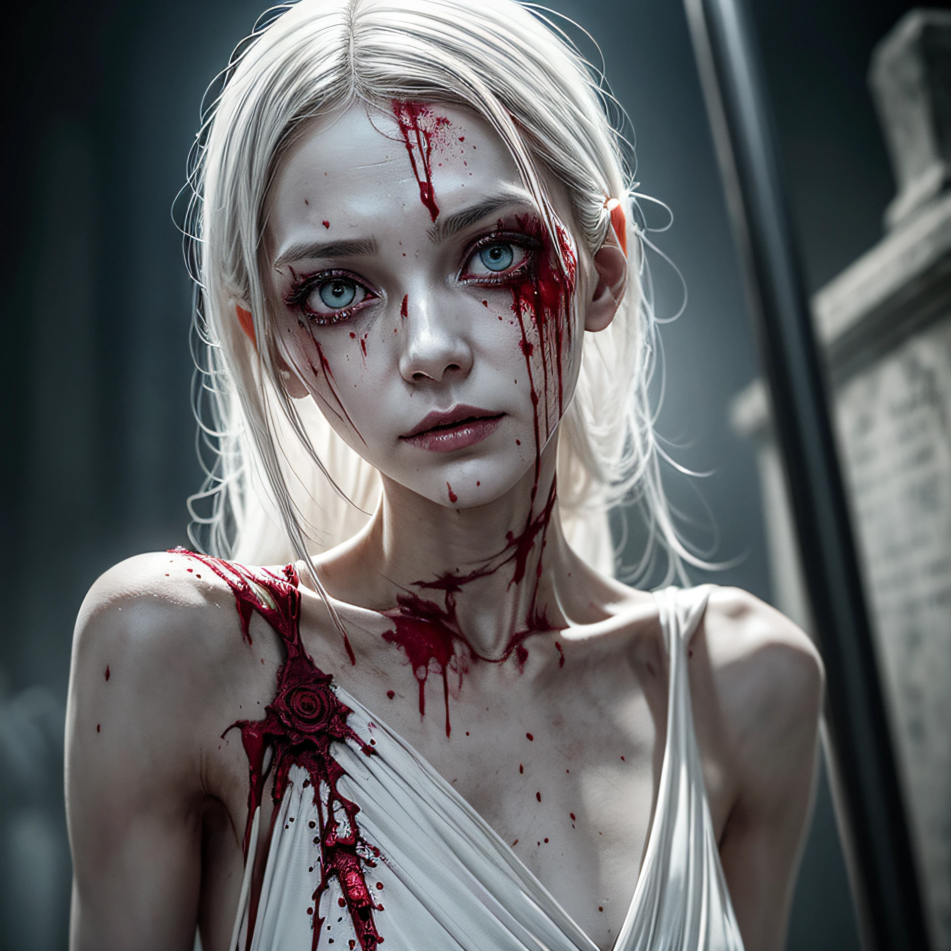corpse, sinister, female, thin, pale, looking at the camera, ultra realistic, fully detailed, cemetery environment, bright eyes, white dress torn and stained with blood, bones exposed, putrid wounds, sensual, terrifying, bruised by the body, exposed fracture in the collarbone, slight smile, super detailed