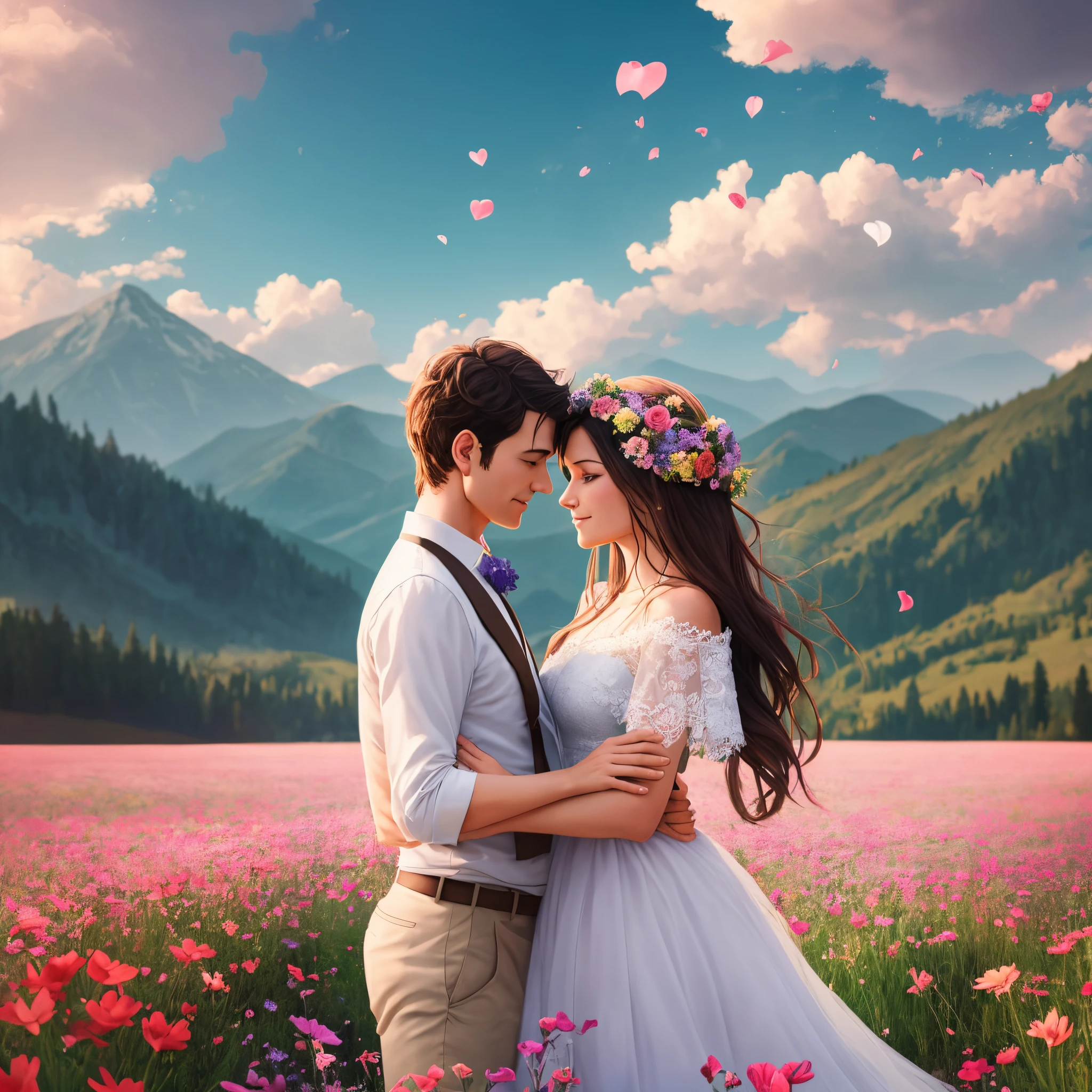 A couple holding each other floating around the sky,flowers and special effects around, standing in fields , surrounded by rounded mountains --auto --s2