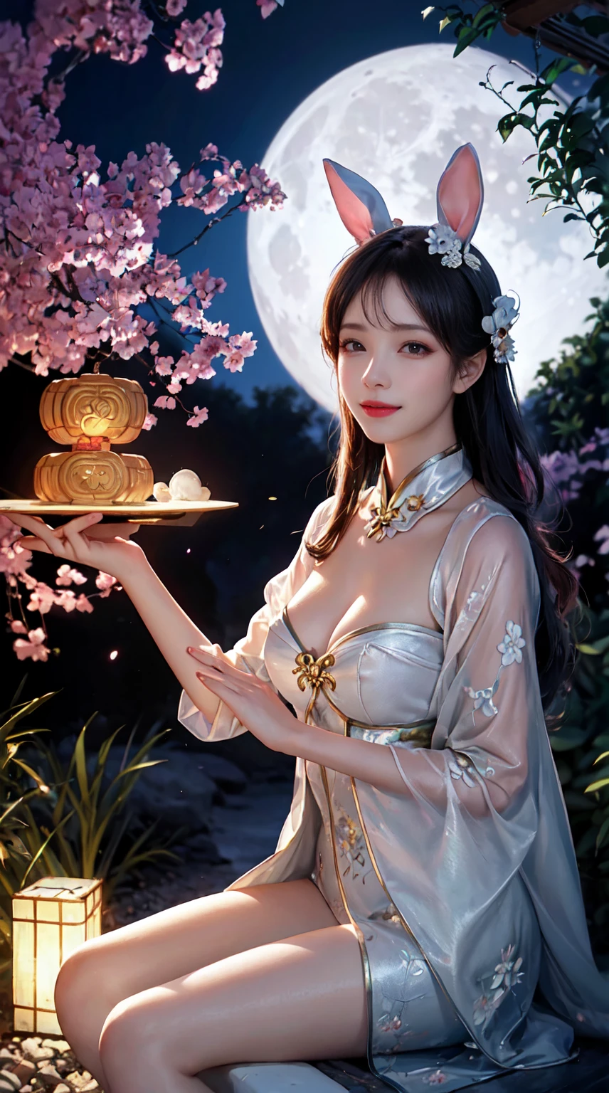 (A 50-year-old woman in the garden,themoon,change,Moon cake,edgBunny),Best quality,ultra - detailed,actual:1.37,illuminations,Traditional chinese painting,harmonious colors,gentlesoftlighting