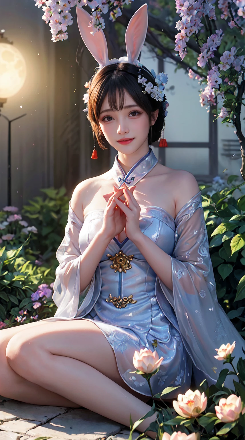 (A 50-year-old woman in the garden,themoon,change,Moon cake,edgBunny),Best quality,ultra - detailed,actual:1.37,illuminations,Traditional chinese painting,harmonious colors,gentlesoftlighting
