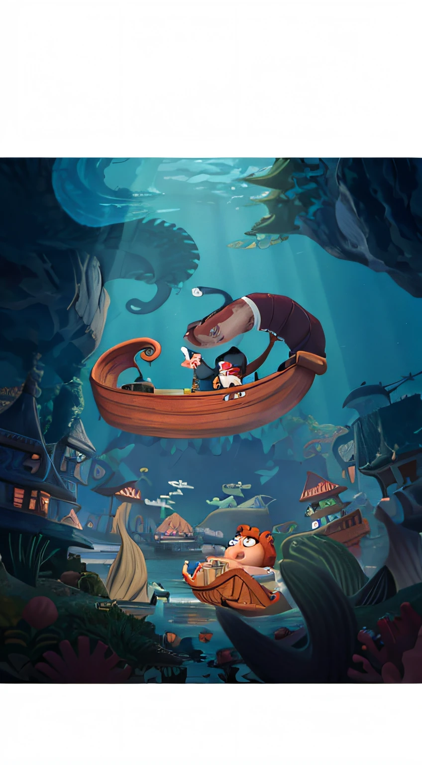 cartoon of a man in a boat with a dog and a cat, animated film, brittney lee, promotional art, animated film still, humans hide in the underwater, animated movie still, big tentacle sneak around, large view, scylla and charybdis, animation film still, animated still, miyazaki's animated film, official art