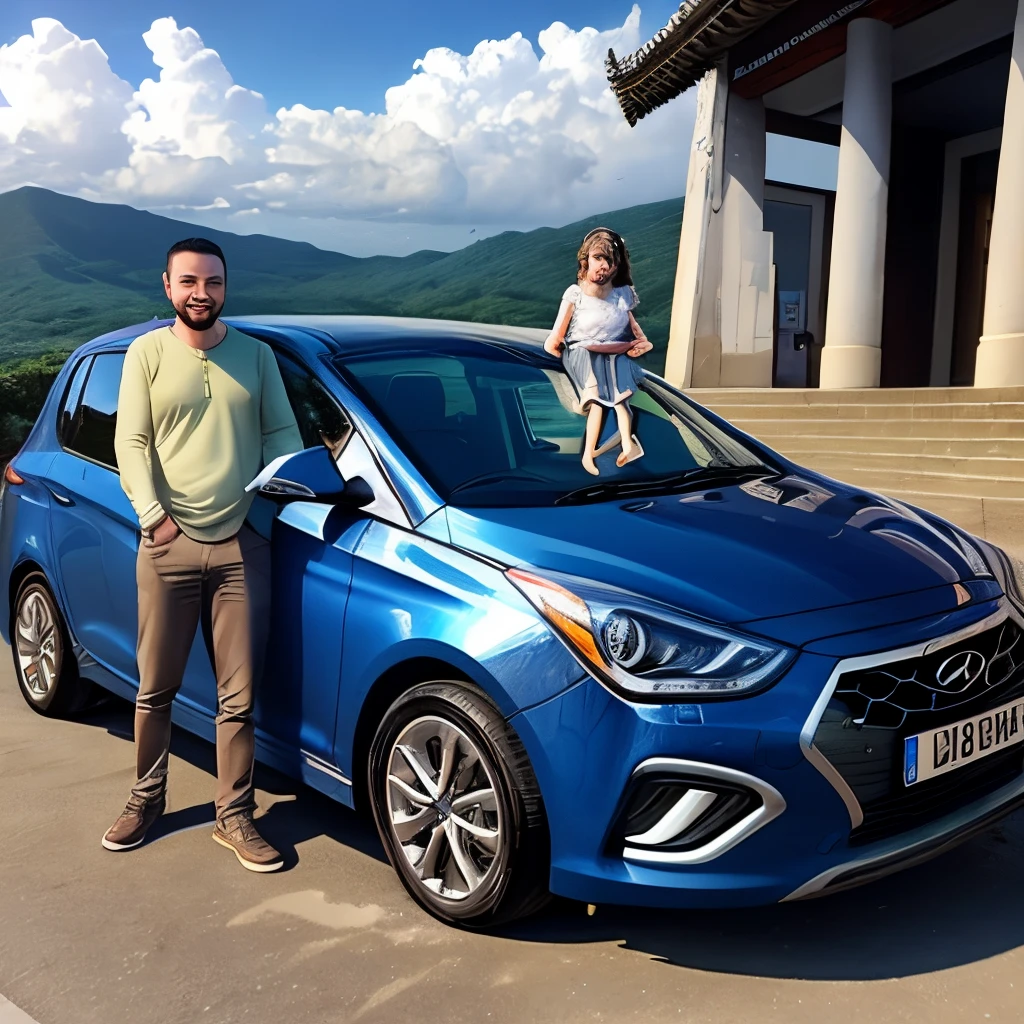 Marido e esposa admirado seu carro hyundai bayon azul na europa