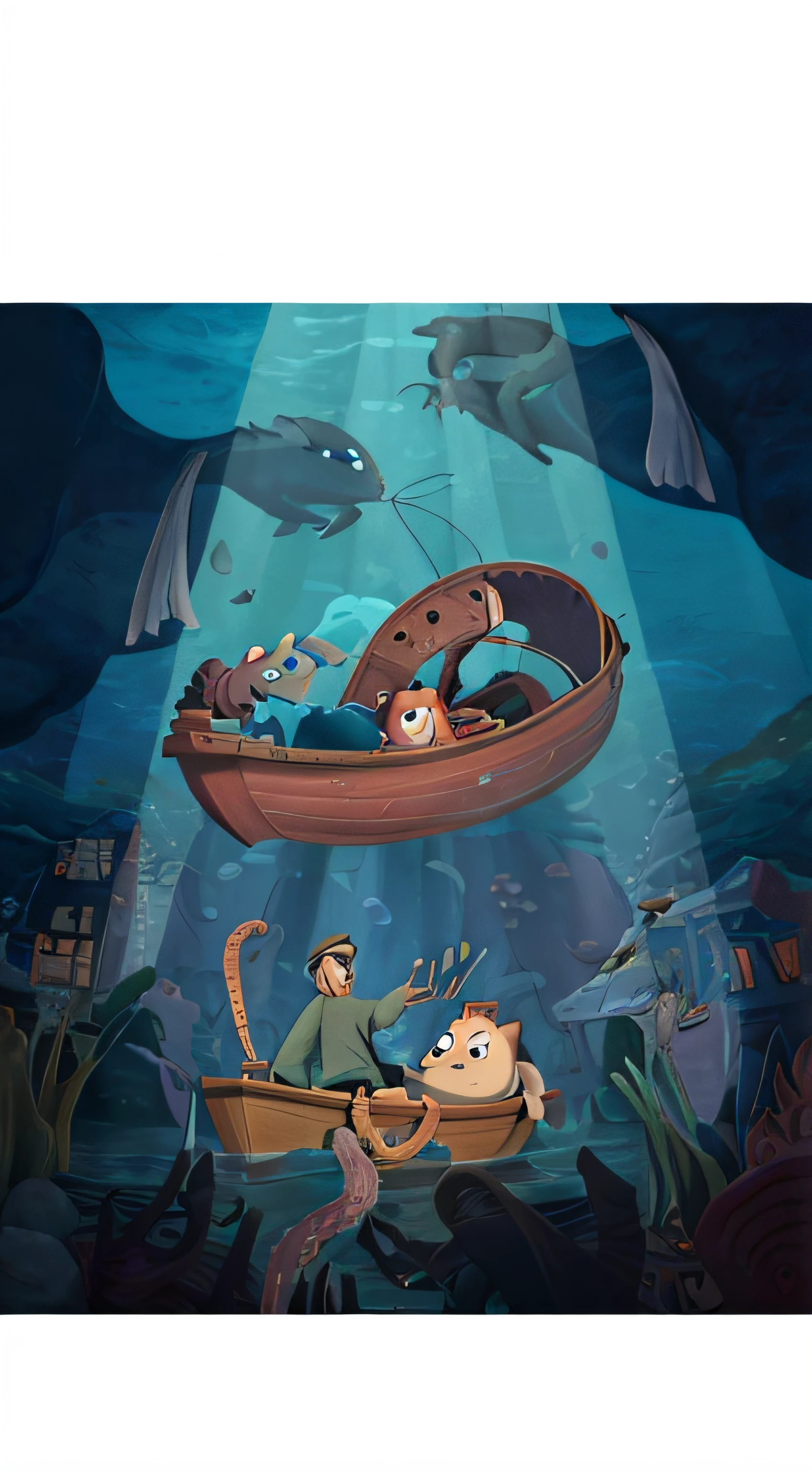 cartoon of a man in a boat with a dog and a cat, animated film, brittney lee, promotional art, animated film still, humans hide in the underwater, animated movie still, big tentacle sneak around, large view, scylla and charybdis, animation film still, animated still, miyazaki's animated film, official art