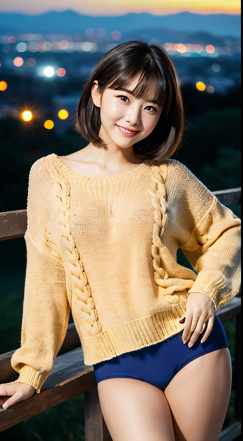 ((Beige large loose beige sweater))、big breasts、short-hair、(((Dark dark blue cotton panties)))、((1人))、(((A park on a hill with a beautiful night view)))、((Glamour))、(((Beautiful adult woman)))、((Posing cutely with your buttocks))、((A slight smil))、Photorealsitic、Beautiful detailed eyes、Hyper-Realism、highcontrast、Ultra HD、realistic skin textures、Top image quality、top-quality、超A high resolution、Fine details、Very meticulously