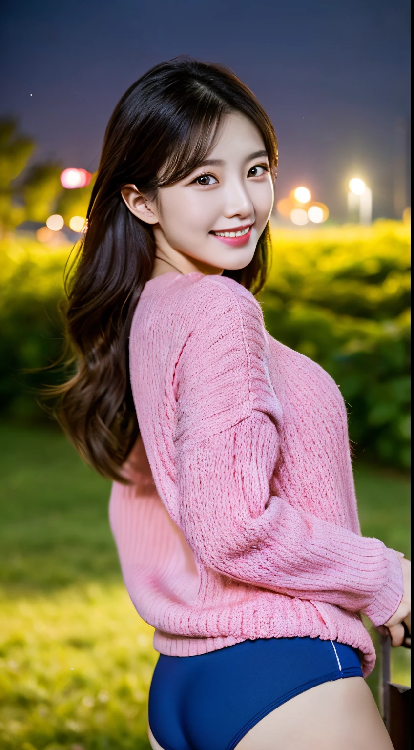 ((Large loose pink sweater))、big breasts、(((Dark dark blue cotton panties)))、((1人))、(((A park on a hill with a beautiful night view)))、((Glamour))、(((cute adult woman)))、((Posing cutely with your buttocks))、((A slight smil))、Photorealsitic、Beautiful detailed eyes、Hyper-Realism、highcontrast、Ultra HD、realistic skin textures、Top image quality、top-quality、超A high resolution、Fine details、Very meticulously