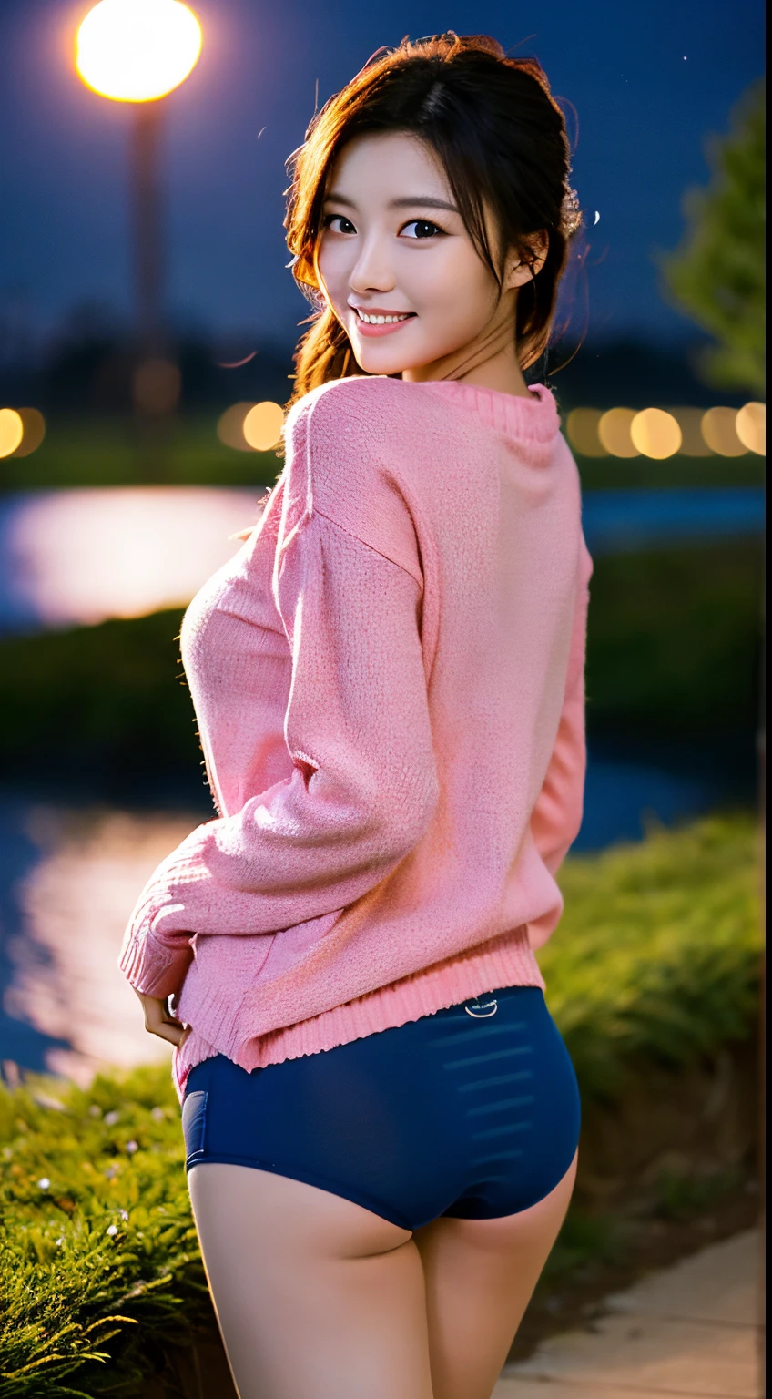 ((Large loose pink sweater))、big breasts、(((Dark dark blue cotton panties)))、((1人))、(((A park on a hill with a beautiful night view)))、((Glamour))、(((cute adult woman)))、((Posing cutely with your buttocks))、((A slight smil))、Photorealsitic、Beautiful detailed eyes、Hyper-Realism、highcontrast、Ultra HD、realistic skin textures、Top image quality、top-quality、超A high resolution、Fine details、Very meticulously