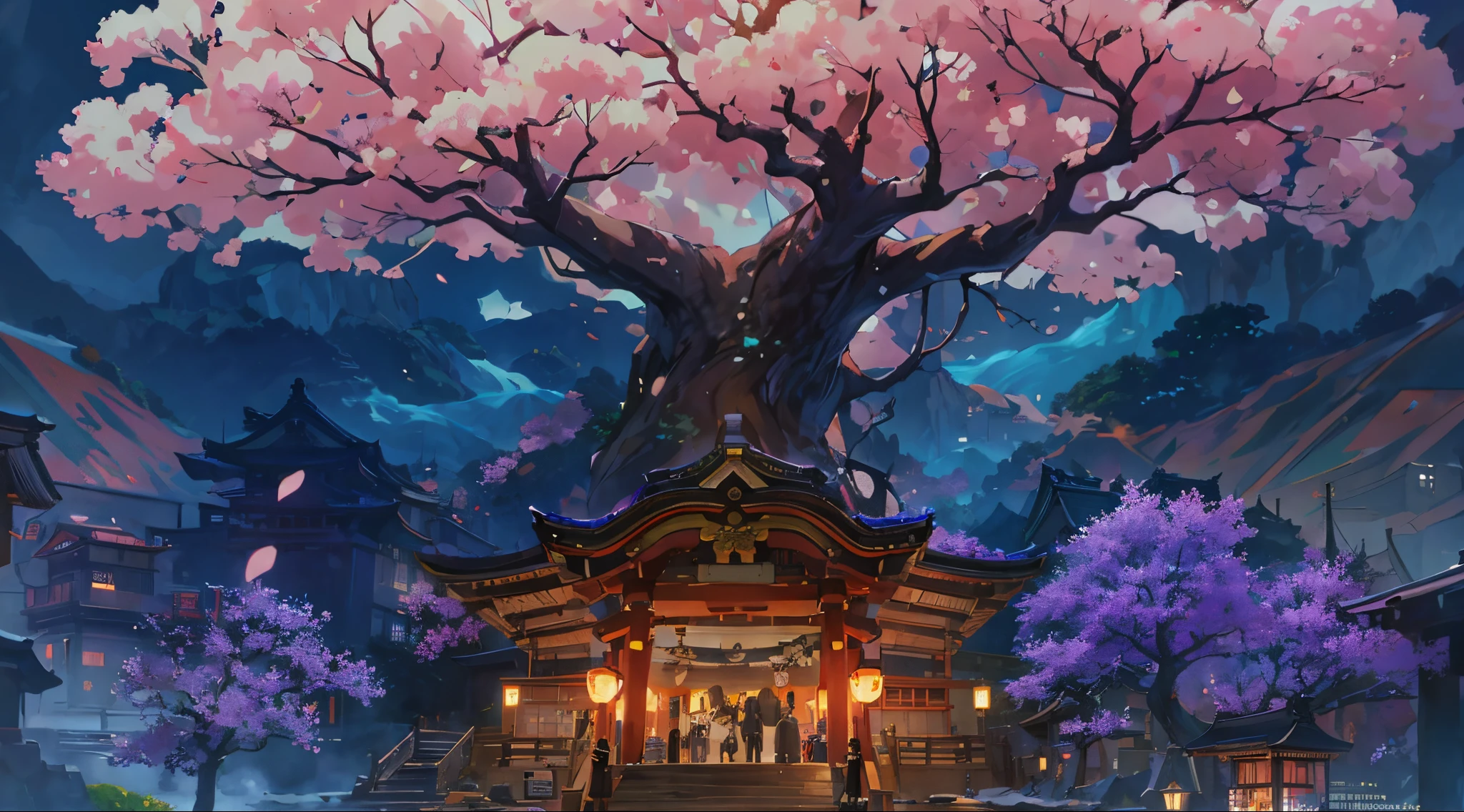 Huge cherry blossom tree,Japanese temples,Anime background art,Japan Art Style,beautiful anime scenery,dreamy Chinese towns,Japanese village,a beautiful artwork illustration,Landscape art detailed,landscape artwork,beautiful anime scenes,Anime landscapes,8K high quality detail art,japanese neighborhood,Anime landscape concept art,Japanese towns,anime beautiful peace scene,Intense light and shadow,Texture