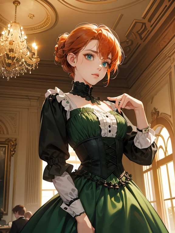 (absurdres, highres, ultra detailed), 1 woman, solo, (1 female with red-orange hair styled in victorian updo, wearing dark-green victorian evening dress, minimal make up, green eyes, expression: flat, sad, looking down at the floor)(pose: curtsy, holding her skirt in curtsy)(background: ballroom, victorian ballroom, many guests in the background, warm lighting from chandelier)