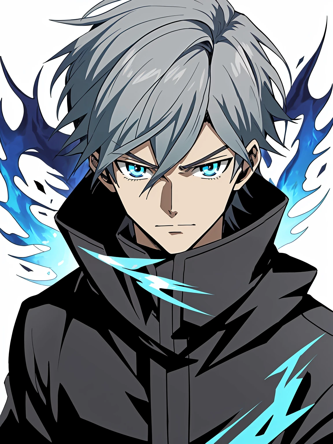 Silver-gray hair、blue color eyes、Wearing black jacket and blue flames, Key anime art, male anime characters