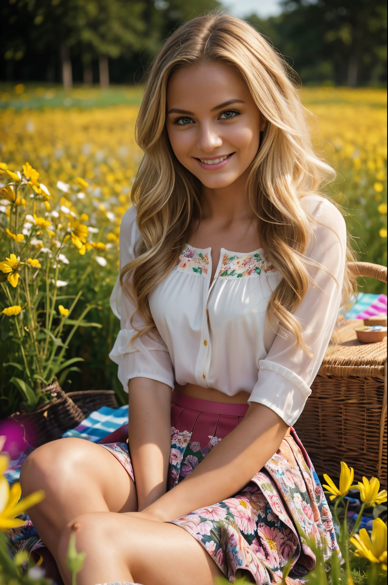 1 gorgeous European blonde woman, aged 23, long wavy hair, she’s a model, sexy pose, flirting with camera, (beauty face:1.2), perfect face, perfect eyes, perfects hands, perfect breast, perfect hair, perfect body, perfect feet, (She wears a loose blouse with thin straps and bare shoulders and a skirt, in a colorful flowers field, She's kneeling on the picnic tablecloth, having a picnic:1.3), (beautiful smile:1.0) cinematic lighting, god rays, backlighting, drop shadow, Fujicolor, Nikon, UHD, retina, masterpiece, accurate, anatomically correct, textured skin, super detail, high details, high quality, award winning, best quality, highres, 16k