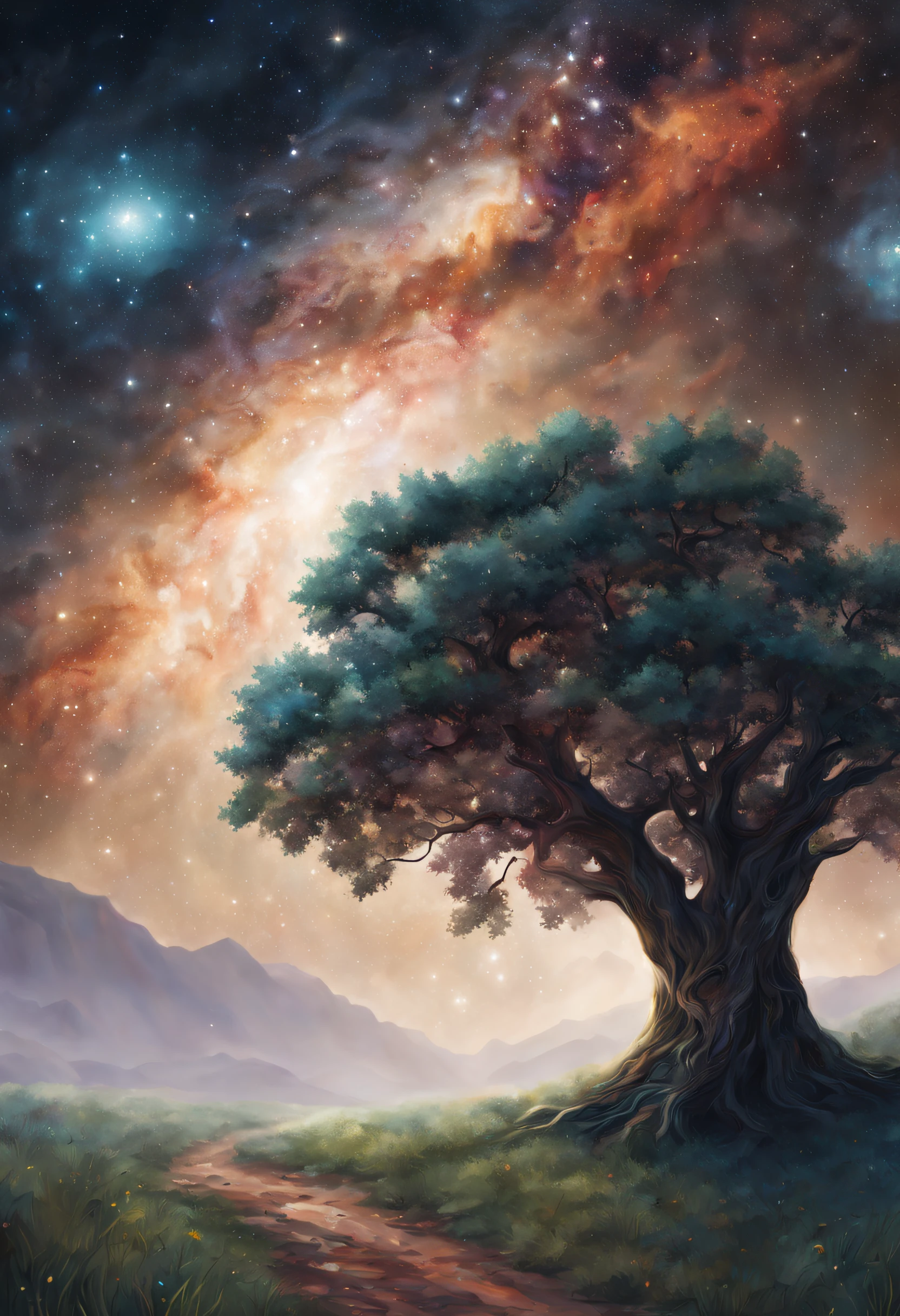 A realistic beautiful view of space, galaxy and stars lying under a tree, it's very detailed and textured