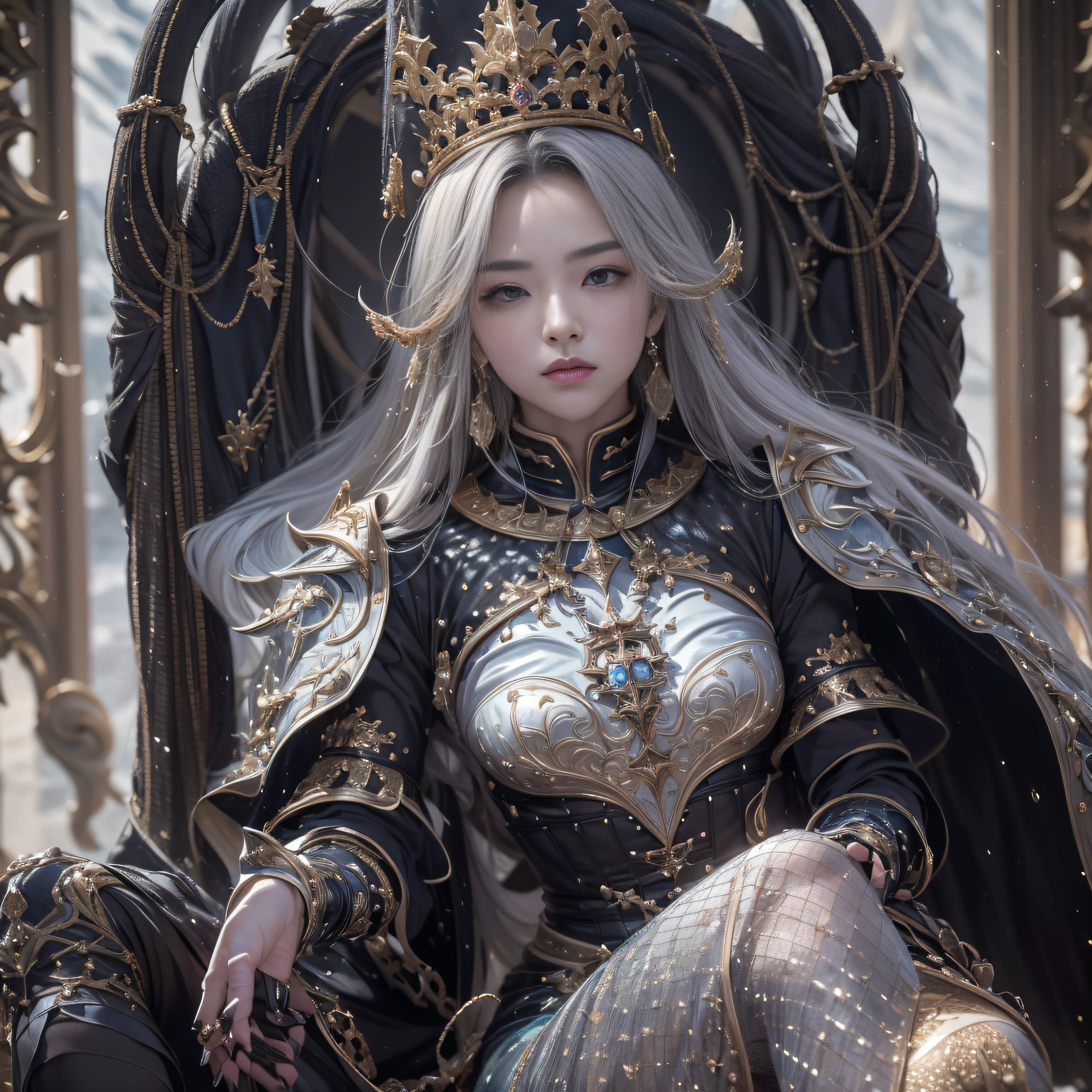 lord, king style, A girl with black long hair、sitting in the throne, Look down upon, disdain((Crossing legs nonchalantly))lonely, wearing armor, masutepiece,Best Quality,ultra-detailliert,hight resolution,hight resolution,4K,Portrait in 4K,8K,8K Portrait,Unity 8k壁纸,extremely details CG,Realistic,Raw photo,Real person,a portrait photo of,Photorealistic,Shiny skin,Detailed skin,（tmasterpiece，Cinematic light，Fine beautiful eyes：1.2），hdr，Void 5 Energy Storm，(China 1 girl，Black eyes:1.5），Rouge skin，Glowing skin，，delicated face，Black color hair，Put on palatial armor，cropped shoulders，，short  skirt，Beautiful armor，Rained,