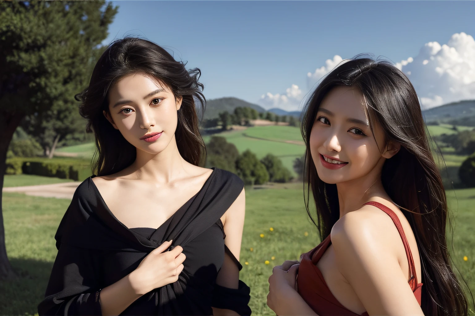 Giorgione painting style,Barbizon forest A beautiful woman in Greek dress smiles on the shore,Sweet and seductive appearance.、Caravaggio's paintings、Chiaroscuro of Caravaggio、hair tousled by the wind,Two women frolicking,cute smile, expression of ecstasy,Sexy,erotic, full body portrait