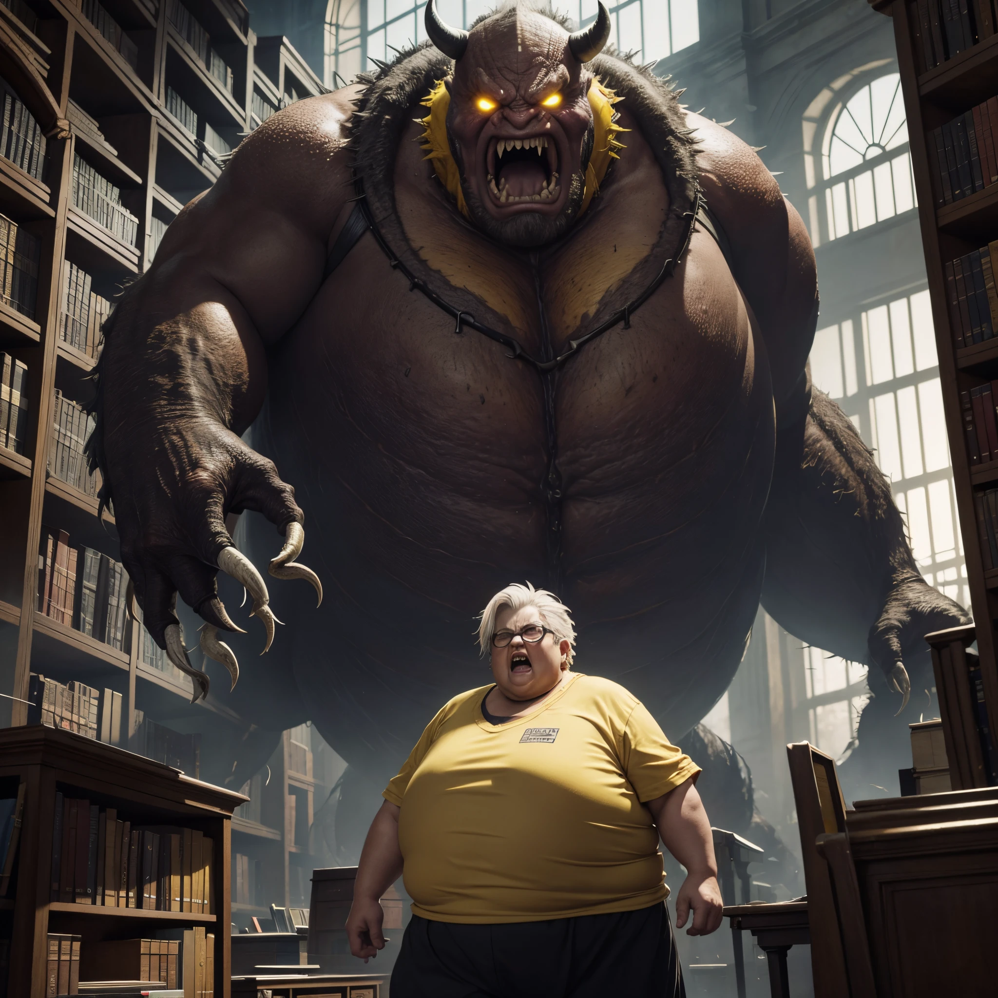 Library, old lady, angry, furious, half monster, obese, giant, ((big text saying "naporowa"))", realistic, librarian, 4k, 8k, unreal engine,aging , white hair, glasses, (school library), (yellow walls), furious atmosphere, very fat, monster, mutated human, large poisonous fangs, terryfing creature, horryfic, inhumane, abstract, creative, ((short hair))