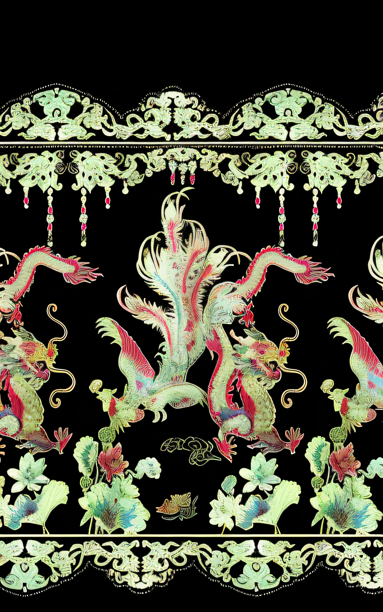 Chinese dragons and phoenixes have distinct lines of lotus flowers and leaves