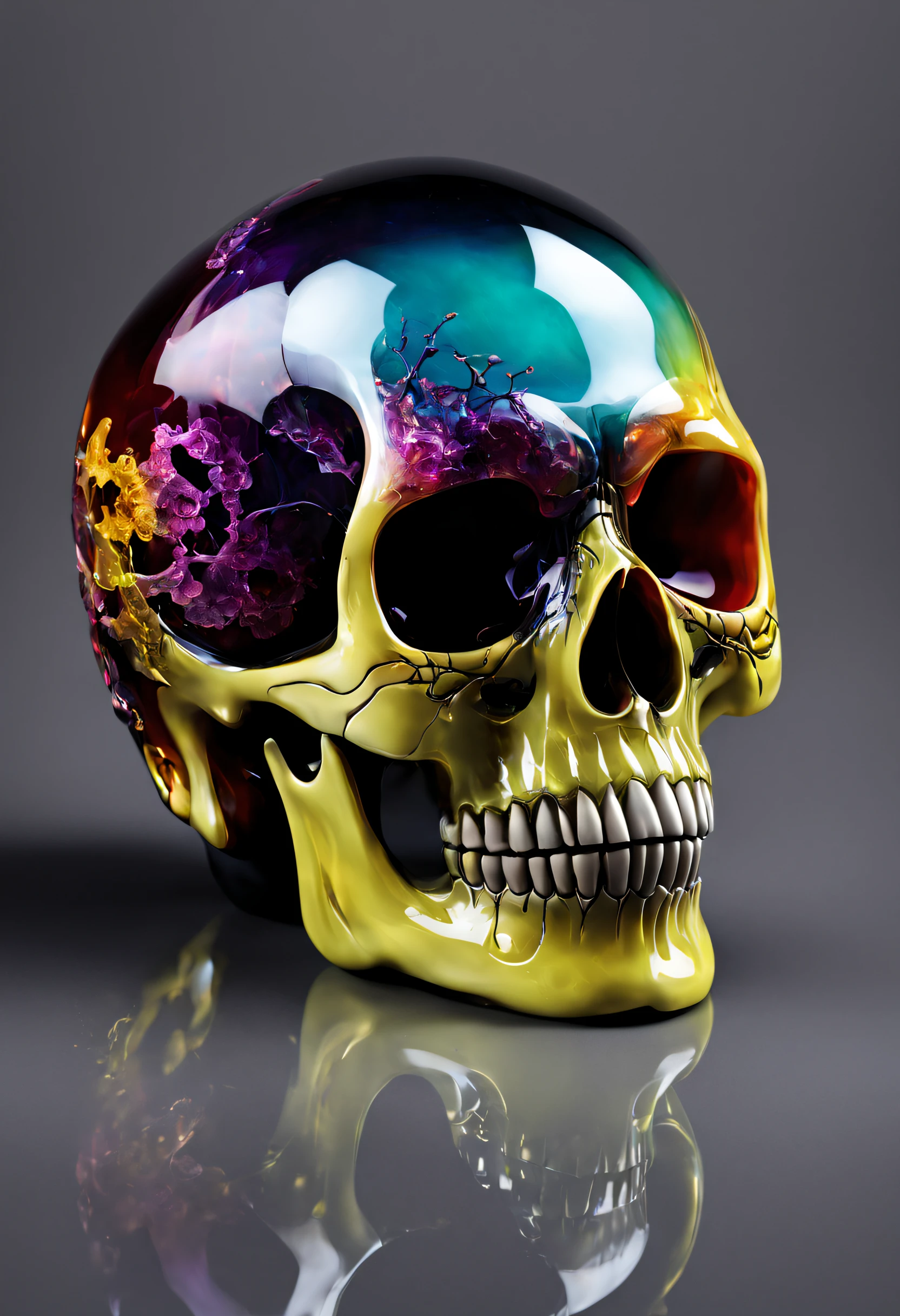 A realistic colored glass skull, beautiful and detailed. Which explodes when falling to the ground, the projections are textured like colorful dust