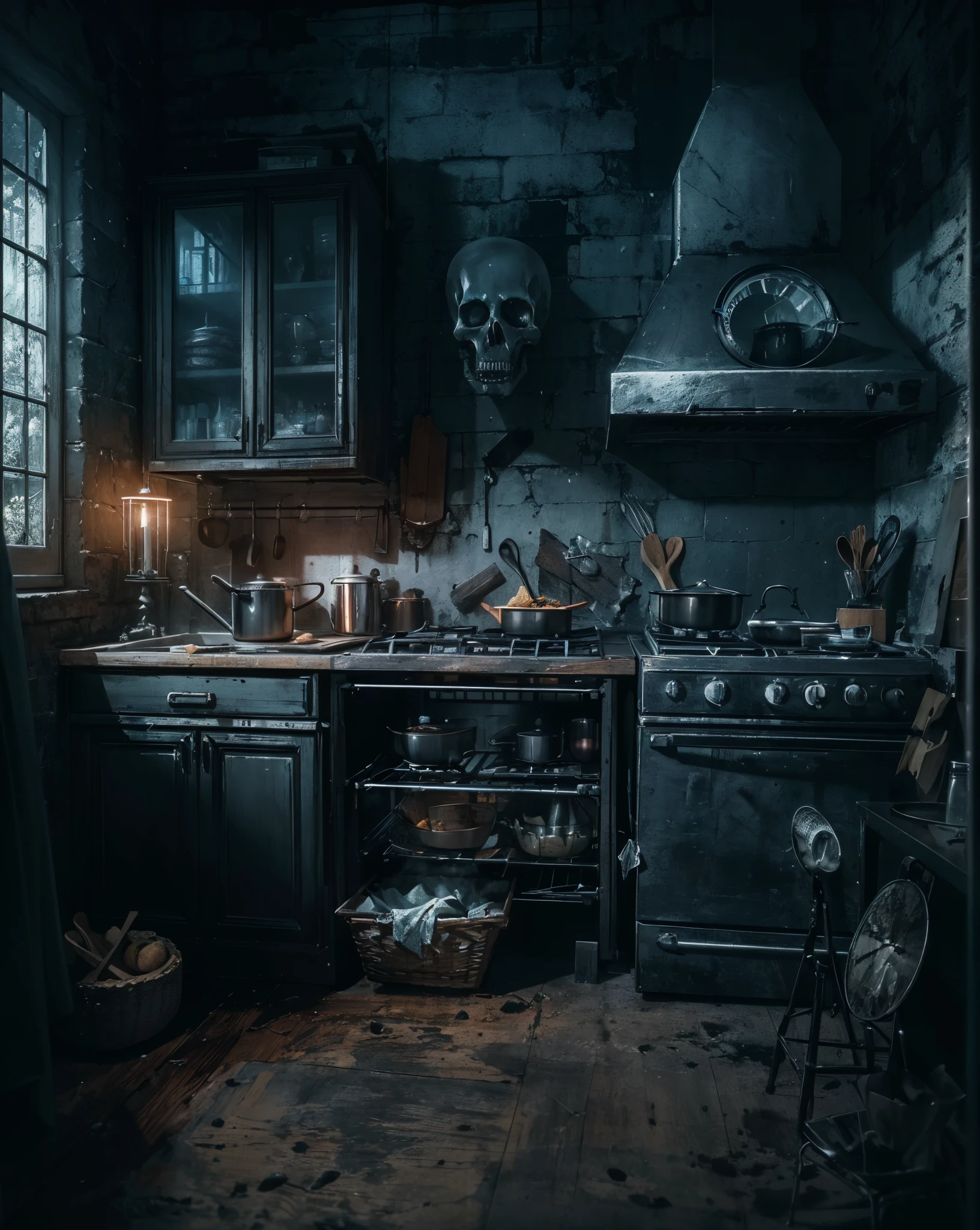 (8K, HDR, highres), ((((Photography, RAW photo, hyperrealism, masterpiece, best quality, ultra highres)))), Eerie kitchen appliances with a ghostly glow, featuring a haunted blender, spectral toaster, and other supernatural cooking companions, infusing a touch of spookiness into the culinary realm, surrealism and gothic art style, moody colors, with eerie lighting, spooky ambiance, cinematic lighting with ominous shadows and highlights, otherwordly, inspired by salvador dali , dutch angles with atmospheric perspective of depth and mystery within the kitchen, bokeh, wide-angle lens