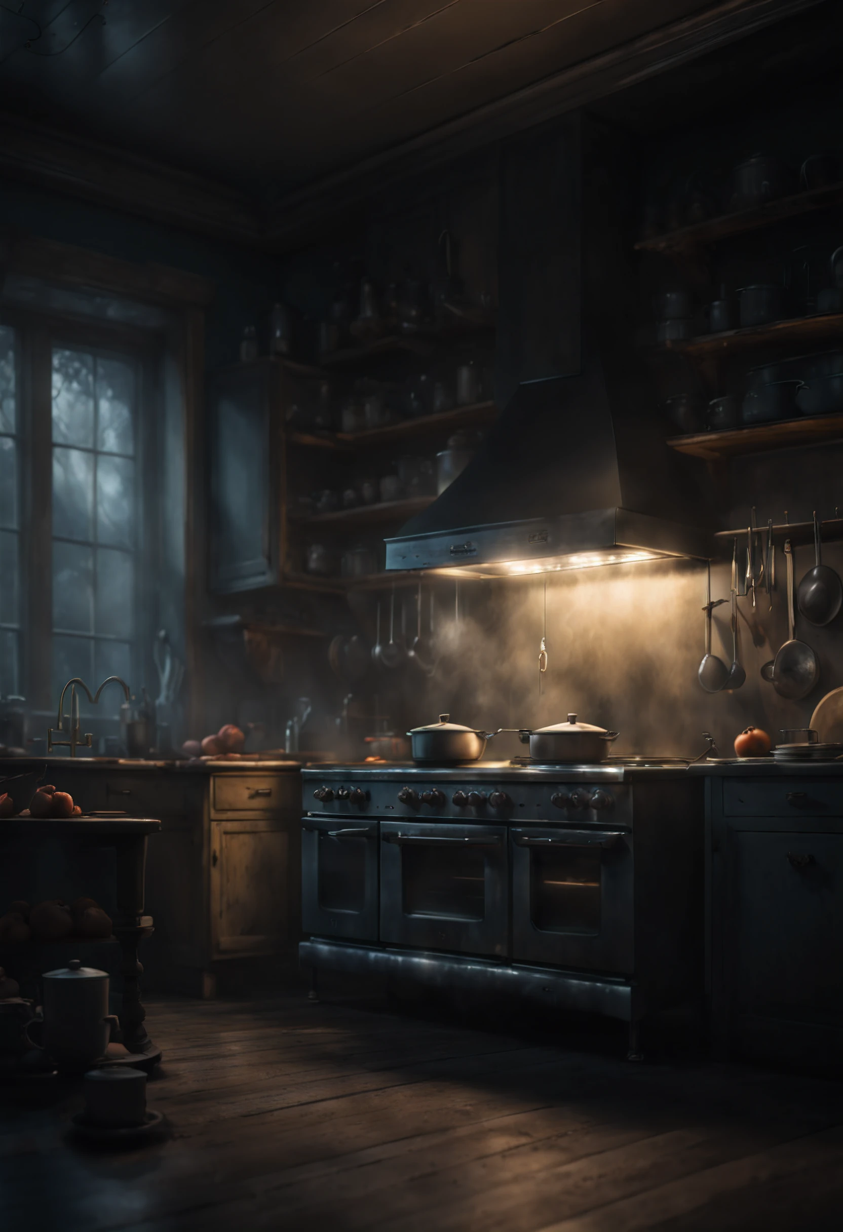 (8K, HDR, highres), ((((Photography, RAW photo, hyperrealism, masterpiece, best quality, ultra highres)))), Eerie kitchen appliances with a ghostly glow, featuring a haunted blender, spectral toaster, and other supernatural cooking companions, infusing a touch of spookiness into the culinary realm, surrealism and gothic art style, moody colors, with eerie lighting, spooky ambiance, cinematic lighting with ominous shadows and highlights, otherwordly, inspired by salvador dali , dutch angles with atmospheric perspective of depth and mystery within the kitchen, bokeh, wide-angle lens