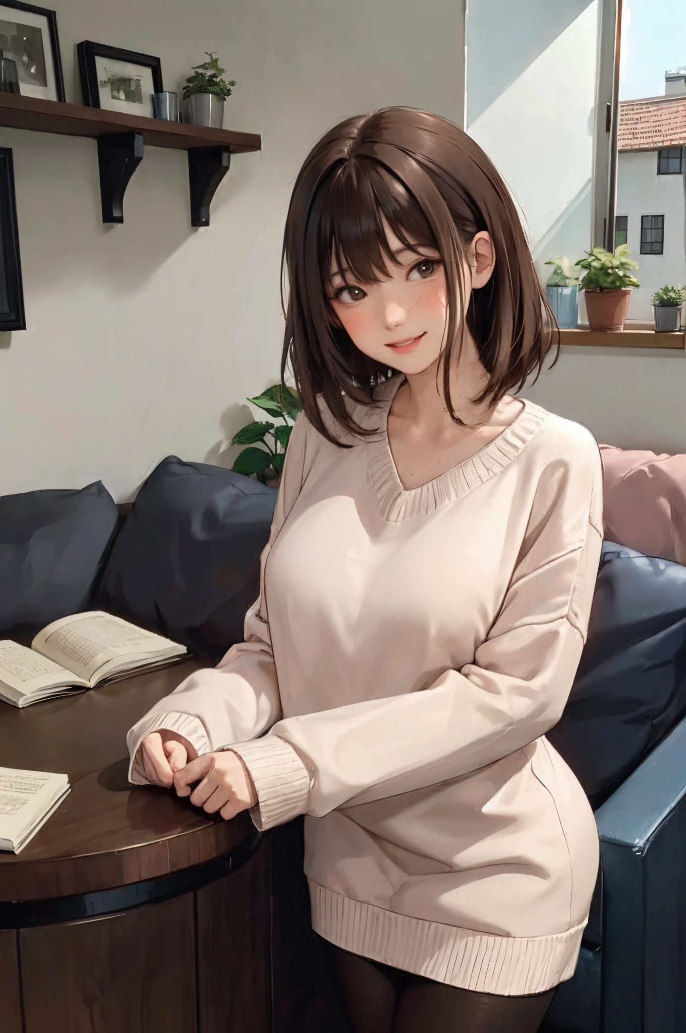 1lady standing, /(oversized sweater/) v-neck, mature female, /(brown hair/) bangs, blush kind smile, (masterpiece best quality:1.2) delicate illustration ultra-detailed, large breasts pantyhose BREAK /(modern house living room/) indoors