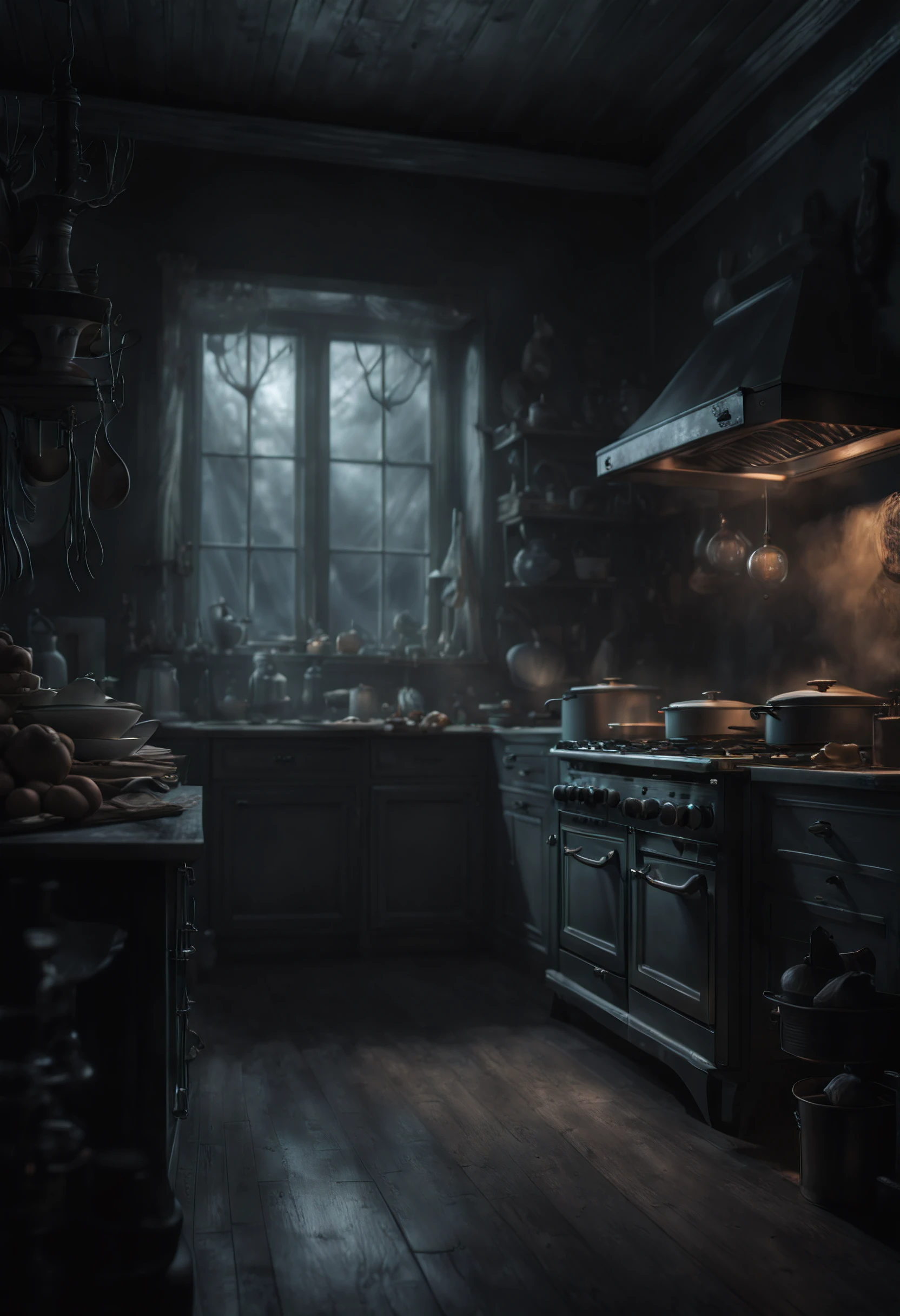 (8K, HDR, highres), ((((Photography, RAW photo, hyperrealism, masterpiece, best quality, ultra highres)))), Eerie kitchen appliances with a ghostly glow, featuring a haunted blender, spectral toaster, and other supernatural cooking companions, infusing a touch of spookiness into the culinary realm, surrealism and gothic art style, moody colors, with eerie lighting, spooky ambiance, cinematic lighting with ominous shadows and highlights, otherwordly, inspired by salvador dali , dutch angles with atmospheric perspective of depth and mystery within the kitchen, bokeh, wide-angle lens