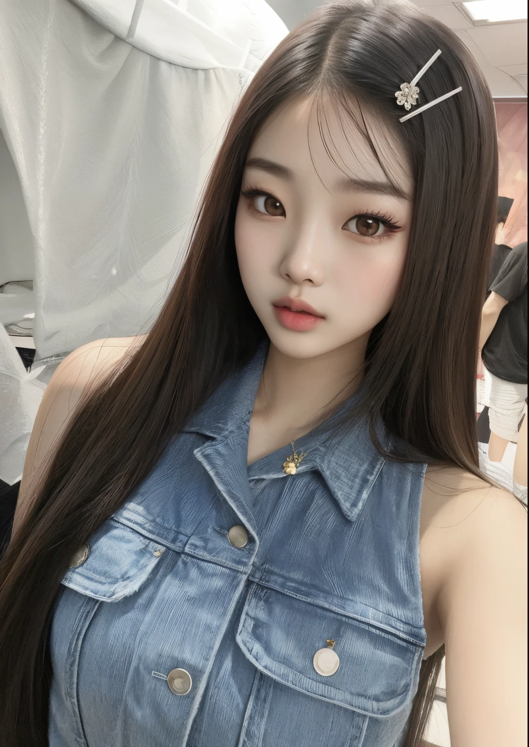 Un primer plano de una mujer con el pelo largo que lleva un chaleco de mezclilla, ulzzang, Jinyoung Shin, Jaeyeon Nam, Chica coreana, Wan adorable cara coreana, Lalisa Manobal, dilraba dilmurat, Bae Suzy, Blackpink Jennie, Hermosa mujer surcoreana, Jossi de Blackpink, 韓国アイドル, 19 year old girl