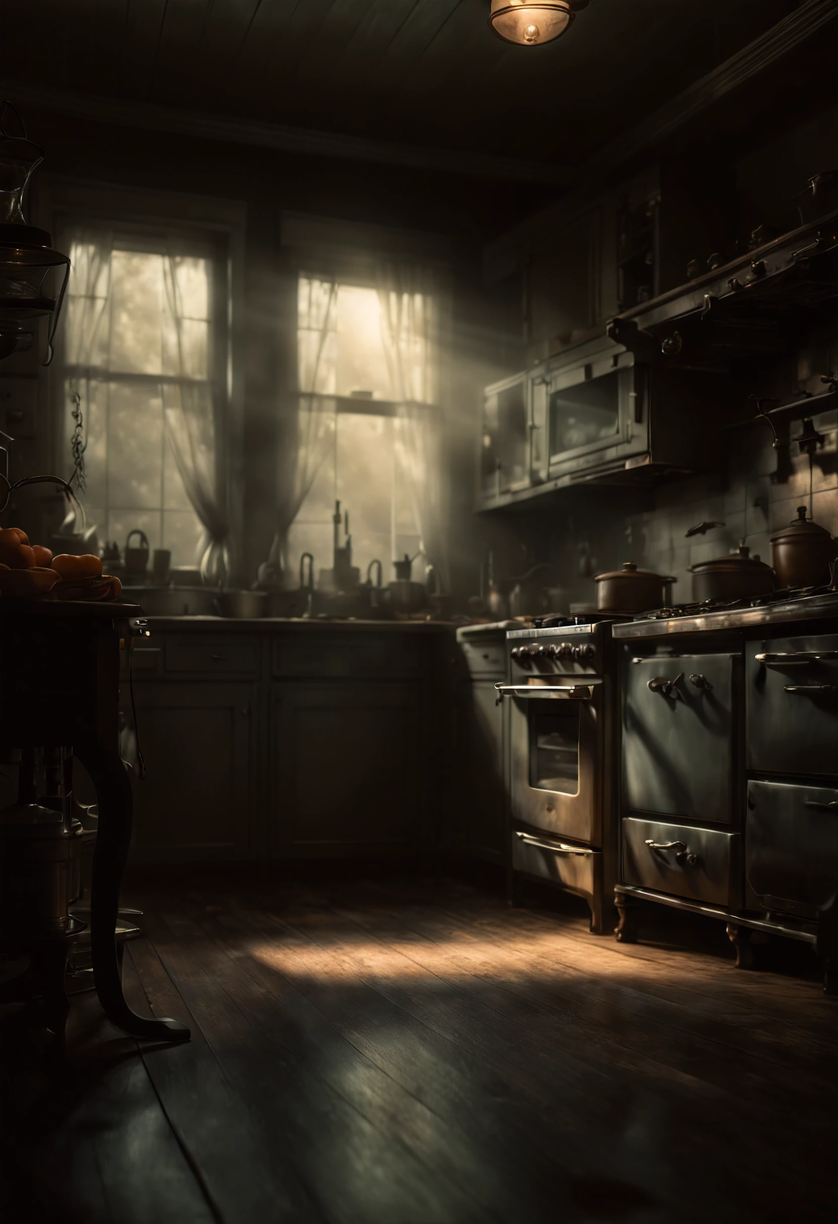 (8K, HDR, highres), ((((Photography, RAW photo, hyperrealism, masterpiece, best quality, ultra highres)))), Eerie kitchen appliances with a ghostly glow, featuring a haunted blender, spectral toaster, and other supernatural cooking companions, infusing a touch of spookiness into the culinary realm, surrealism and gothic art style, moody colors, with eerie lighting, spooky ambiance, cinematic lighting with ominous shadows and highlights, otherwordly, inspired by salvador dali , dutch angles with atmospheric perspective of depth and mystery within the kitchen, bokeh, wide-angle lens