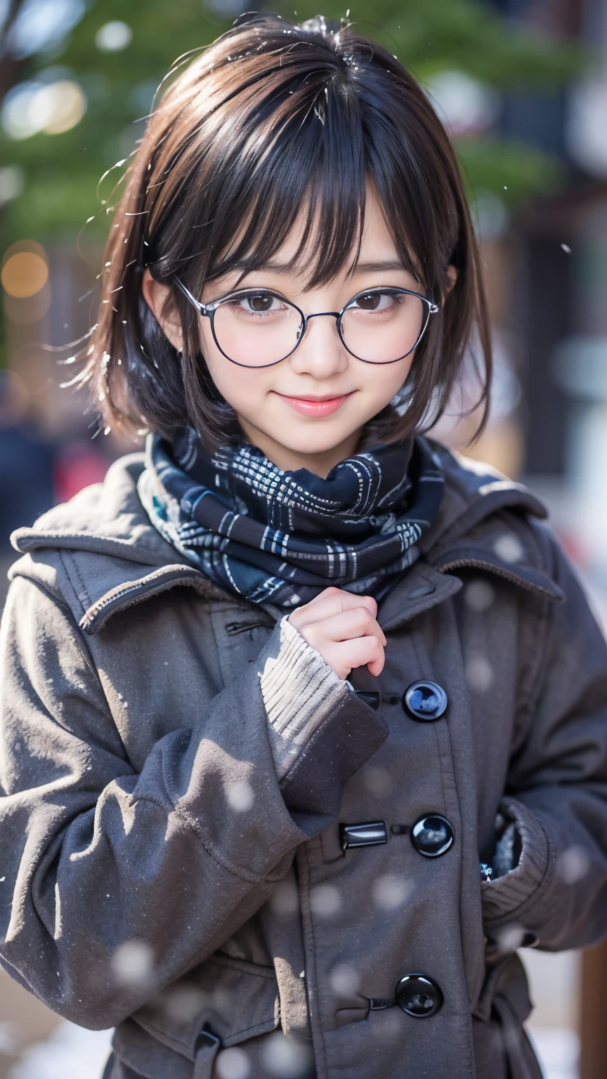 Best-quality, Masterpiece, Ultra-High-Resolution, (Photorealistic:1.4), Raw-Photo, Extremely-Details, Perfect-Anatomy, 

in winter schoolyard, 

1girl, ((15-years-old)), the most popular Japanese idol, (wearing Japanese high-school winter uniform, muffler with cute design, glasses with cute design), face focus, close-up, innocent smile, looking at viewer, 
extremely cute face like a most famous Japanese idol, extremely beautiful big black solid eyes, extremely beautiful black short-cut-haired, extremely beautiful realistic white skins, extremely beautiful wet lips, 

detailed glasses, detailed Japanese high-school winter uniform, detailed muffler with cute design
