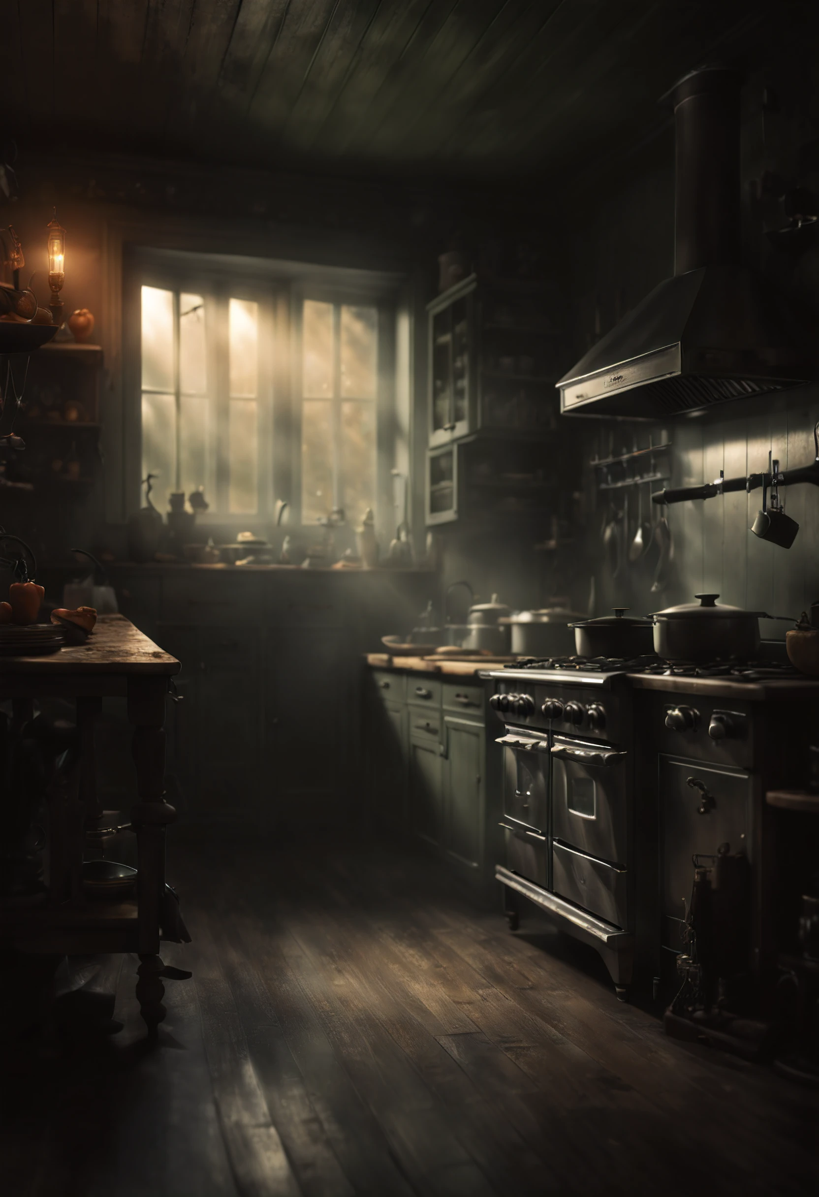 (8K, HDR, highres), ((((Photography, RAW photo, hyperrealism, masterpiece, best quality, ultra highres)))), Eerie kitchen appliances with a ghostly glow, featuring a haunted blender, spectral toaster, and other supernatural cooking companions, infusing a touch of spookiness into the culinary realm, surrealism and gothic art style, moody colors, with eerie lighting, spooky ambiance, cinematic lighting with ominous shadows and highlights, otherwordly, inspired by salvador dali , dutch angles with atmospheric perspective of depth and mystery within the kitchen, bokeh, wide-angle lens