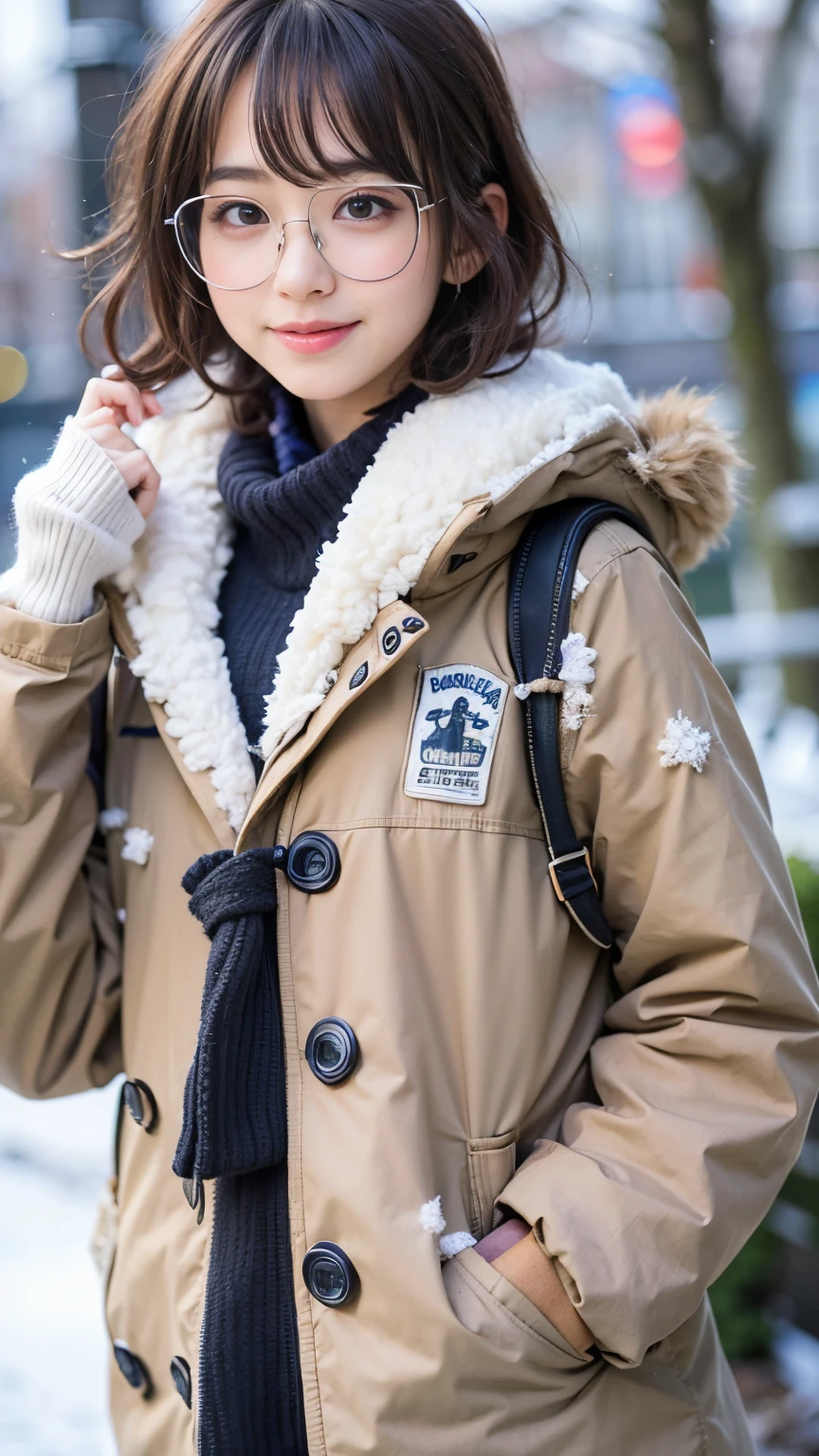 Best-quality, Masterpiece, Ultra-High-Resolution, (Photorealistic:1.4), Raw-Photo, Extremely-Details, Perfect-Anatomy, 

in winter schoolyard, 

1girl, ((-yeld)),  most popular Japanese idol, (wearing Japanese high-school winter uniform, muffler with cute design, glasses with cute design), face focus, close-up, innocent smile, looking at viewer, 
extremely cute face like a most famous Japanese idol, extremely beautiful big black solid eyes, extremely beautiful black short-cut-haired, extremely beautiful realistic white skins, extremely beautiful wet lips, 

detailed glasses, detailed Japanese high-school winter uniform, detailed muffler with cute design