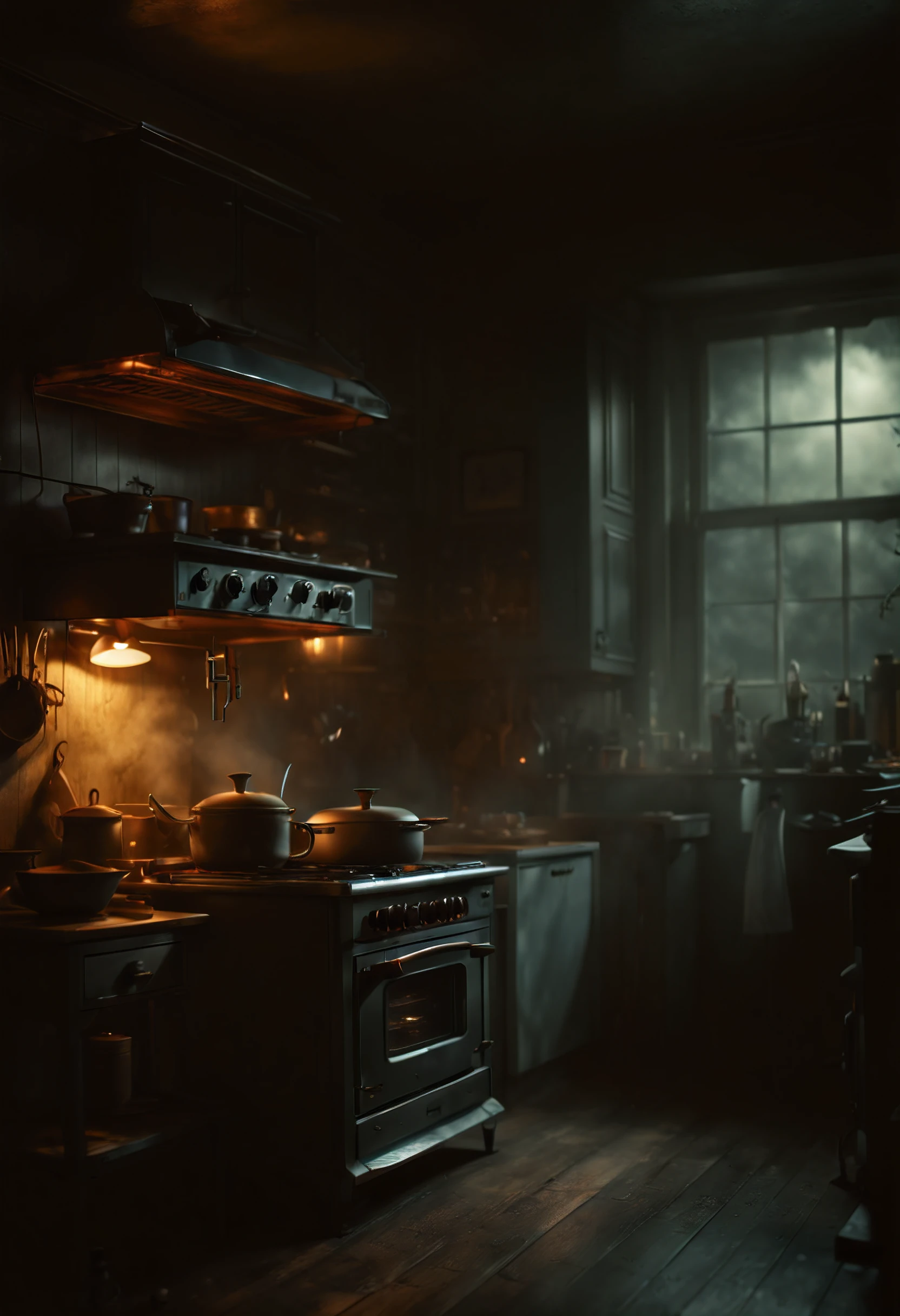 (8K, HDR, highres), ((((Photography, RAW photo, hyperrealism, masterpiece, best quality, ultra highres)))), Eerie kitchen appliances with a ghostly glow and red eyes on every single of them, featuring a haunted blender, spectral toaster, and other supernatural cooking companions, infusing a touch of spookiness into the culinary realm, surrealism and gothic art style, moody colors, with eerie lighting, spooky ambiance, cinematic lighting with ominous shadows and highlights, otherwordly, inspired by salvador dali , dutch angles with atmospheric perspective of depth and mystery within the kitchen, bokeh, wide-angle lens