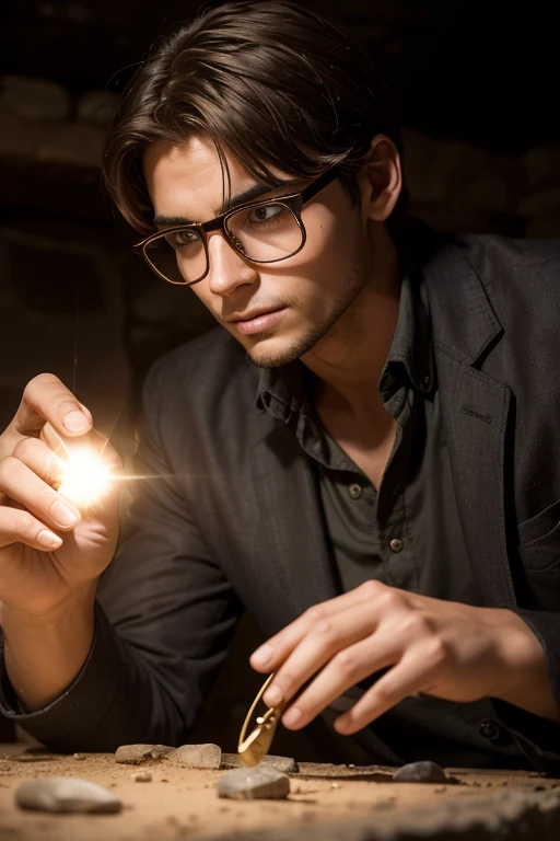 Imagine a passionate young archaeologist exploring a mysterious archaeological site. In the course of his excavations, he suddenly discovers a surprisingly shiny stone. The stone rests delicately in the palm of his hand as he examines it with fascination. The shimmering reflections of the stone are projected into his glasses, adding a mystical glow to the scene. Capture the moment when curiosity and wonder mingle on the young man's face, and highlight the enigmatic brilliance of the stone at the heart of this discovery.