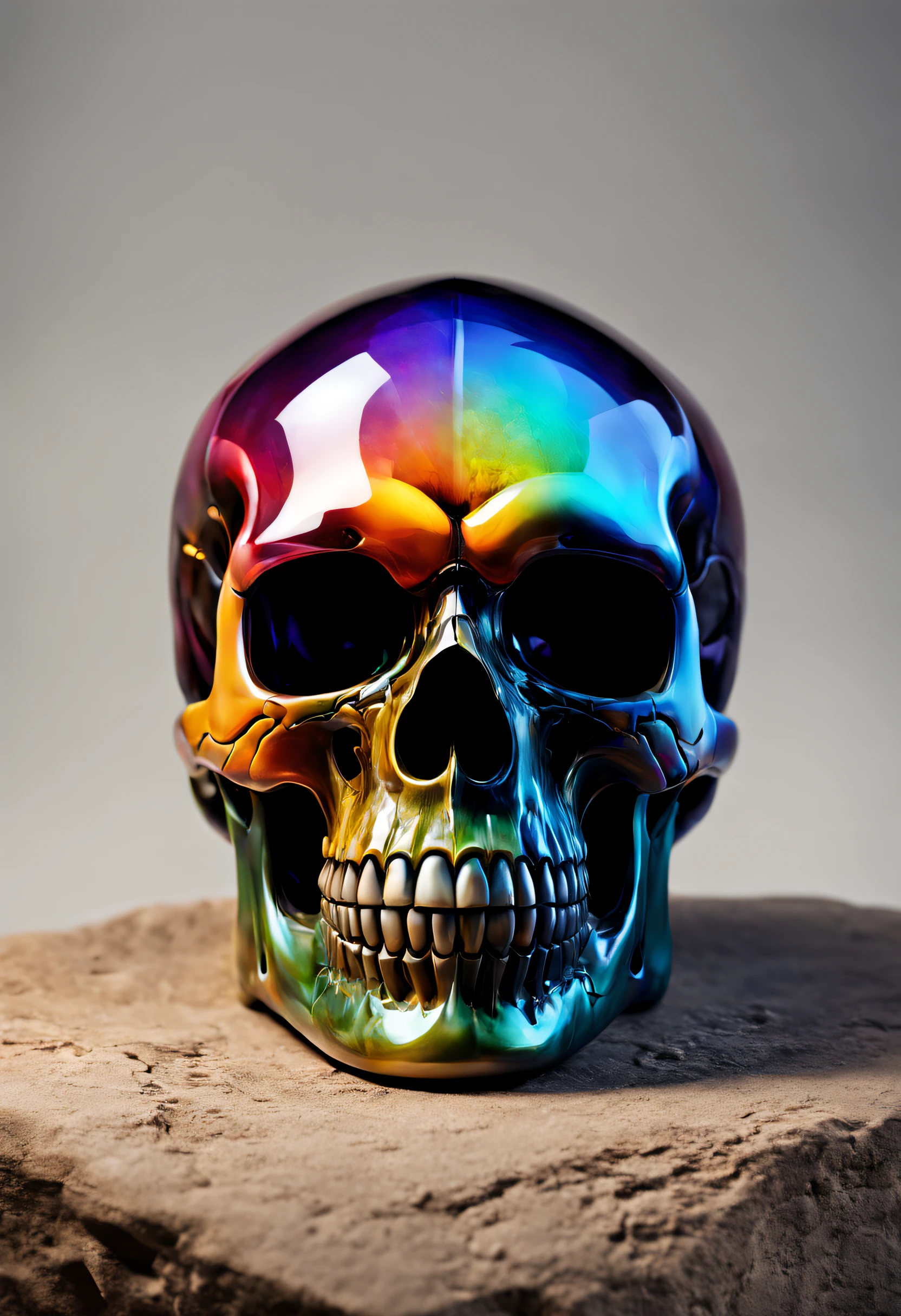 A realistic colored glass skull, beautiful and detailed. Which explodes when falling to the ground, the projections are textured like colorful dust