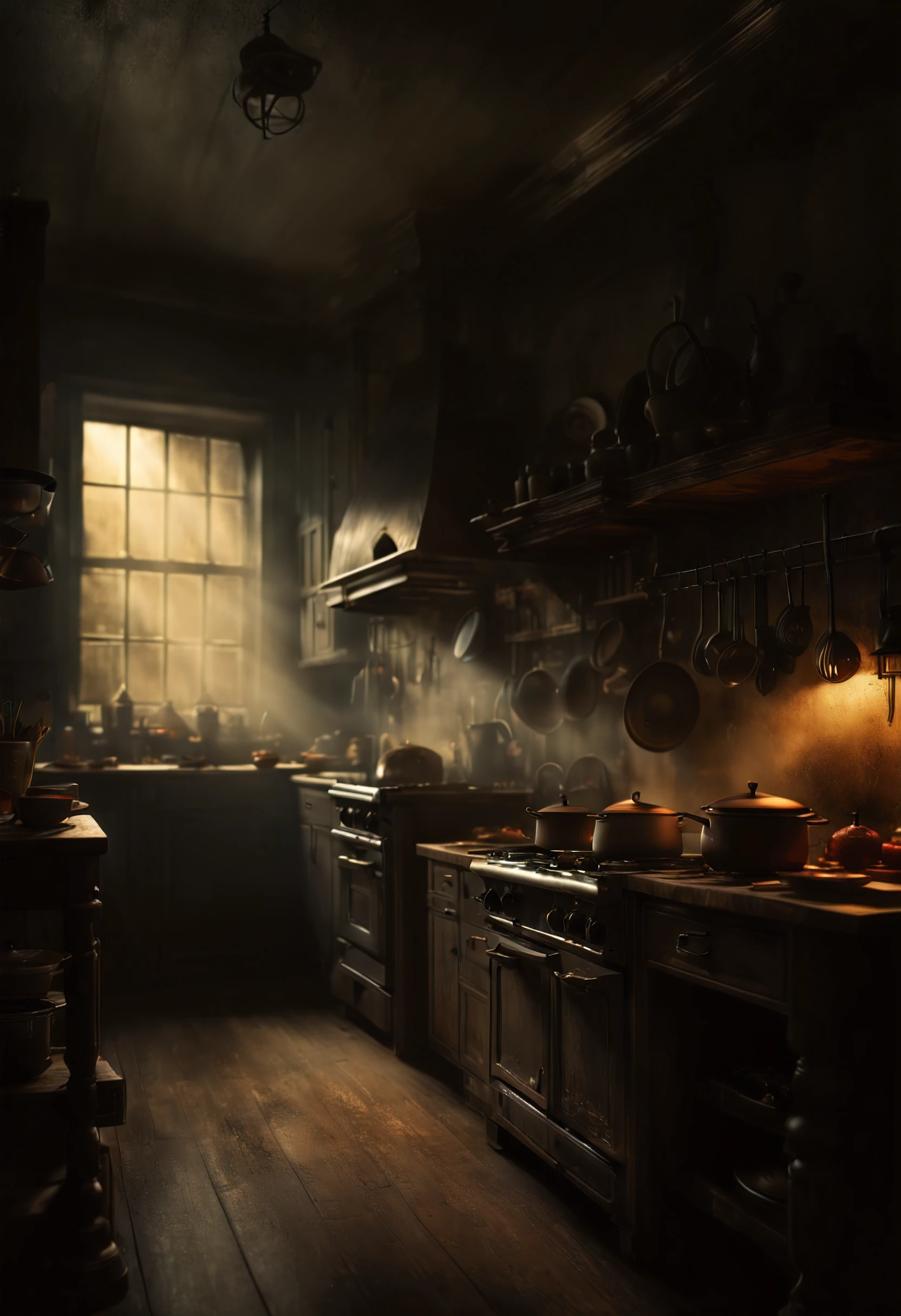(8K, HDR, highres), ((((Photography, RAW photo, hyperrealism, masterpiece, best quality, ultra highres)))), Eerie kitchen appliances with a ghostly glow, featuring a haunted blender, spectral toaster, and other supernatural cooking companions, infusing a touch of spookiness into the culinary realm, surrealism and gothic art style, moody colors, with eerie lighting, spooky ambiance, cinematic lighting with ominous shadows and highlights, otherwordly, inspired by salvador dali , dutch angles with atmospheric perspective of depth and mystery within the kitchen, bokeh, wide-angle lens
