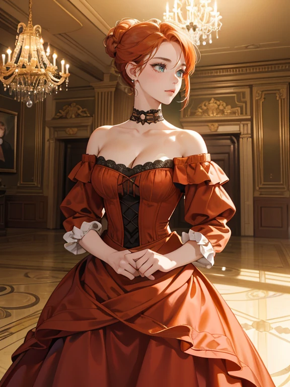 Masterpiece, best quality, 1_woman, (Caucasian skin_complexion) long double hair braids, dark red hair, diamond shaped eyes, , large_bust, chest window, cleavage double button breast, long dark red silver trim, black tights, (fancy ballgown dress), (full body on screen) small waist