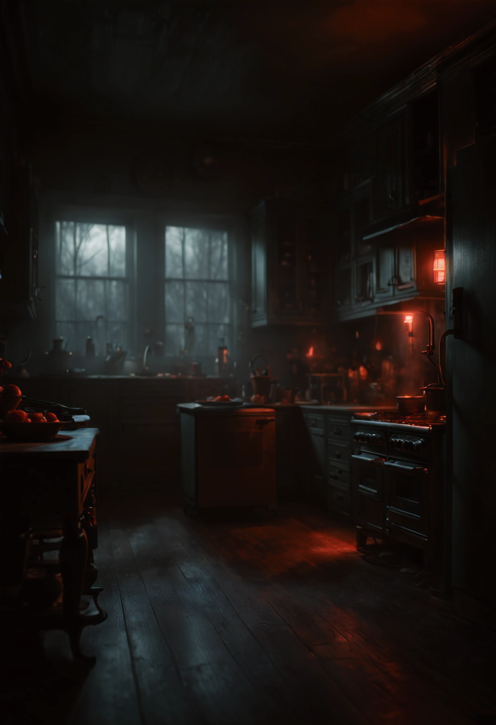 (8K, HDR, highres), ((((Photography, RAW photo, hyperrealism, masterpiece, best quality, ultra highres)))), Eerie kitchen appliances with a ghostly glow, featuring a haunted blender, spectral toaster, and other supernatural cooking companions, infusing a touch of spookiness into the culinary realm, surrealism and gothic art style, moody colors, with eerie lighting, spooky ambiance, cinematic lighting with ominous shadows and highlights, otherwordly, inspired by salvador dali , dutch angles with atmospheric perspective of depth and mystery within the kitchen, bokeh, wide-angle lens