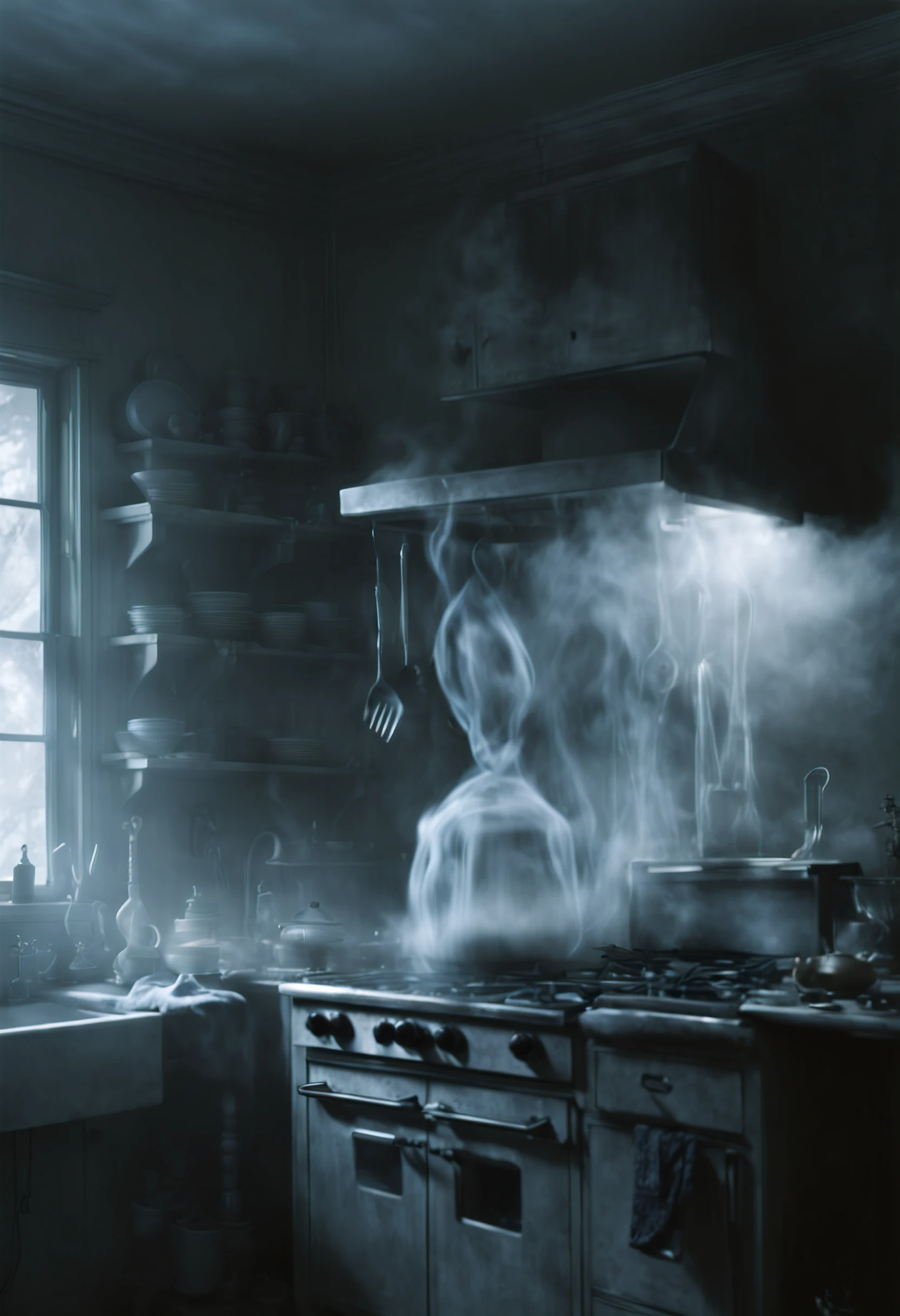 Ghostly kitchen gadgets, including a spectral microwave and possessed blender, haunting the culinary space with an unsettling ambiance, where the ordinary becomes delightfully spooky.