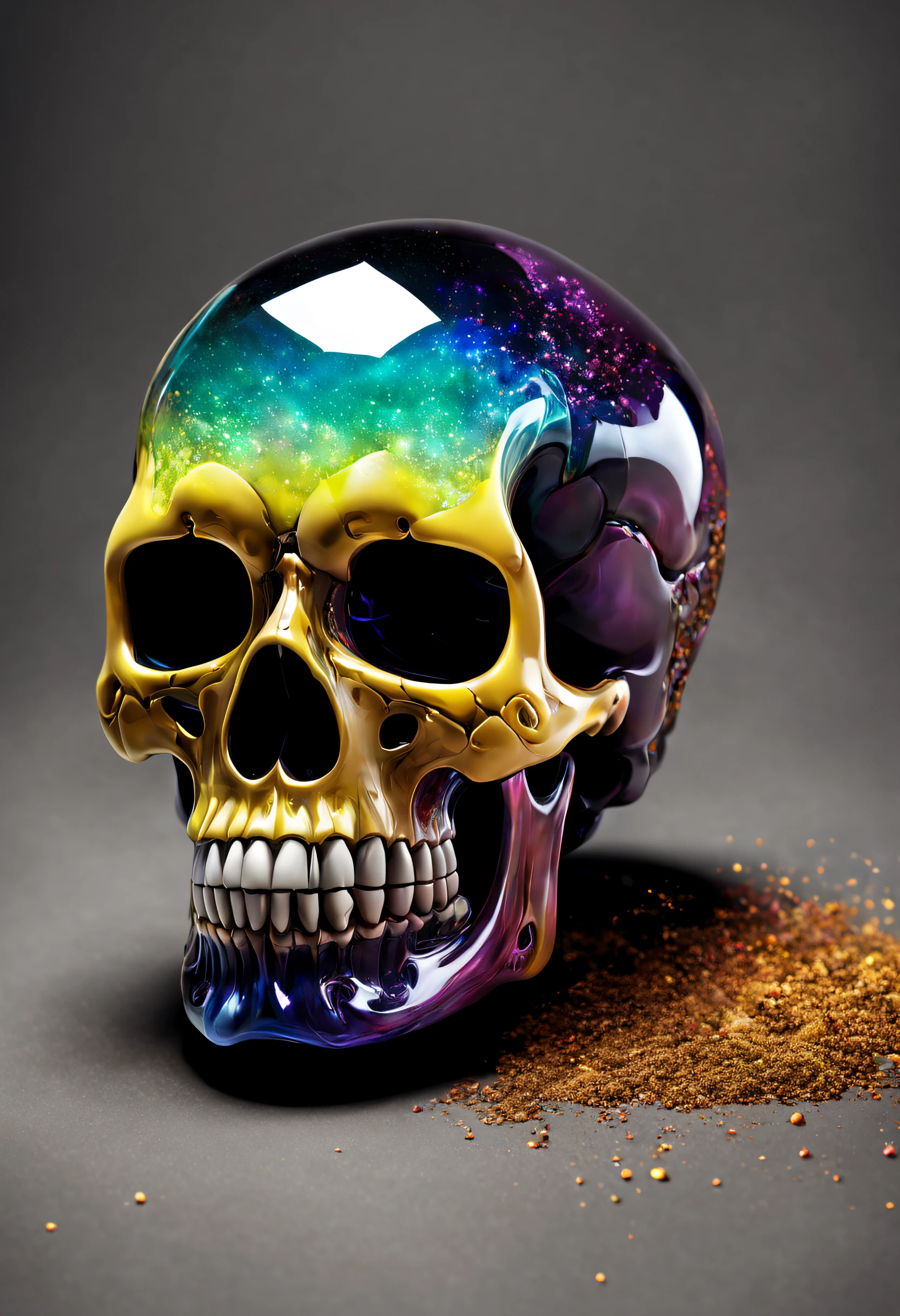 A realistic colored glass skull, beautiful and detailed. Which explodes when falling to the ground, the projections are textured like colorful  beautifull dust